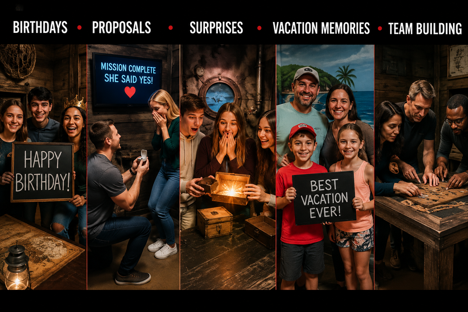 Collage of people celebrating birthdays and vacation memories with signs, proposals, surprises, and team building activities.