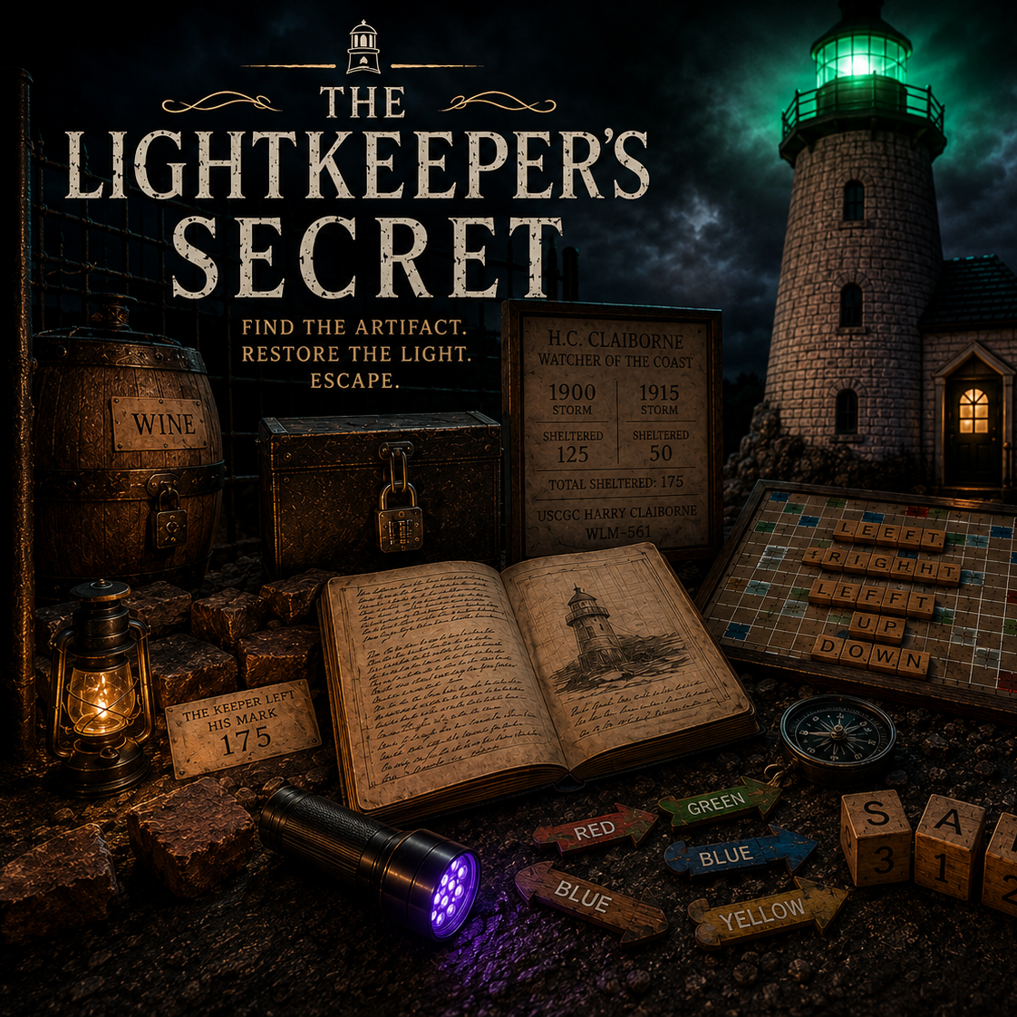 A collection of lighthouse-themed items, including an open journal with a lighthouse sketch, a lantern, a compass, a flashlight emitting purple light, a Scrabble board, colored directional signs, wooden blocks, and a sign detailing lighthouse history. An illuminated lighthouse stands in the background under a dark, cloudy sky.