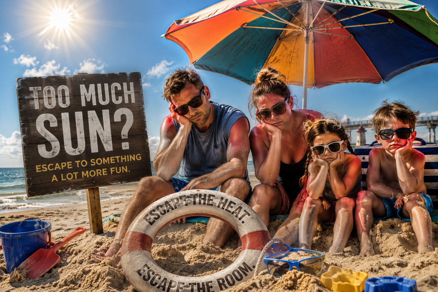 A family of four sitting on the beach beneath a colorful umbrella, looking bored and sunburned, with a sign that reads 'Too Much Sun? Escape to Something A Lot More Fun.' A life preserver with 'Escape the Heat! Escape the Room' written on it and children's toys are in the sand.