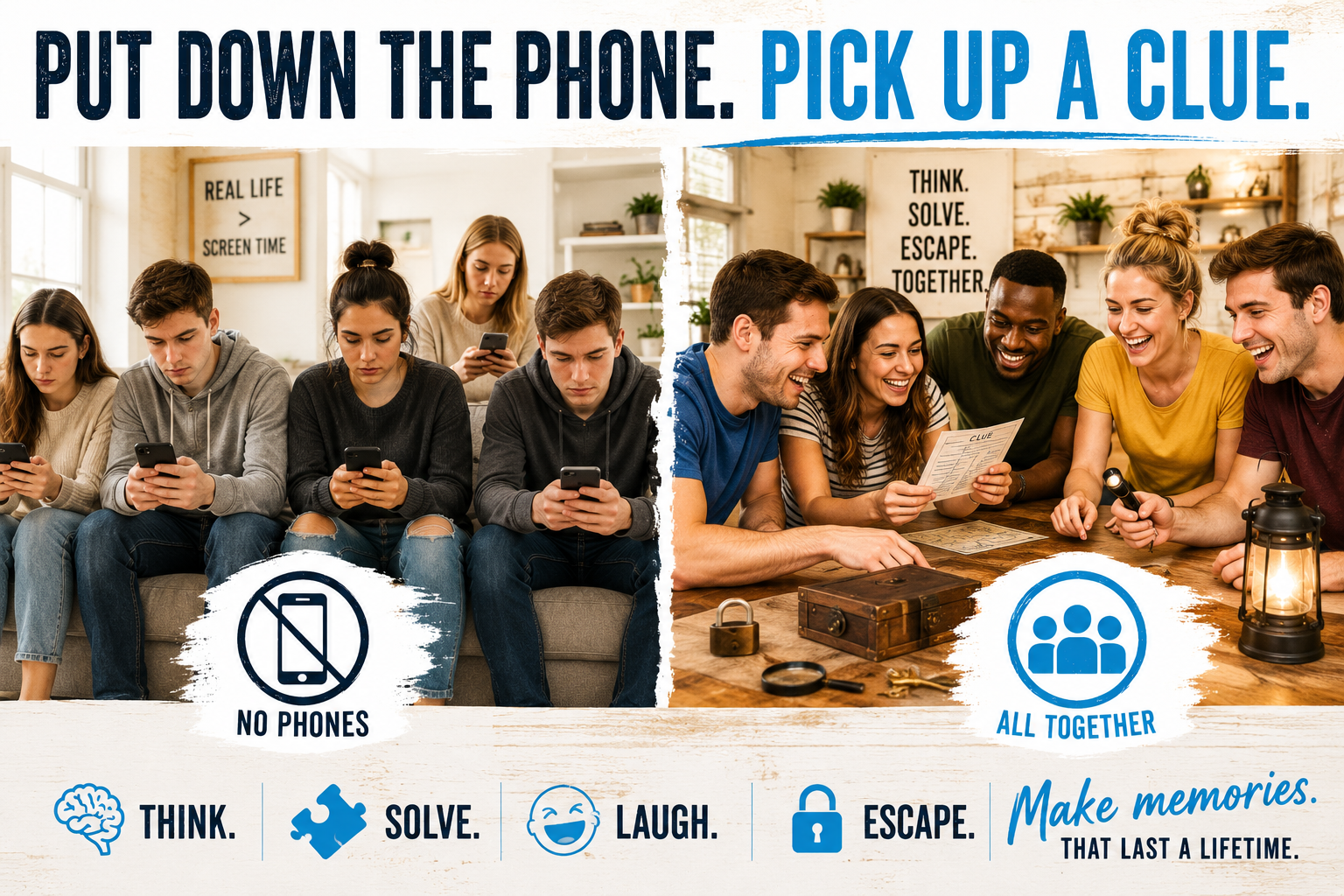 Split image with a group of teenagers focused on phones on the left, labeled 'No Phones.' On the right, a group of smiling adults playing a game, labeled 'All Together.'