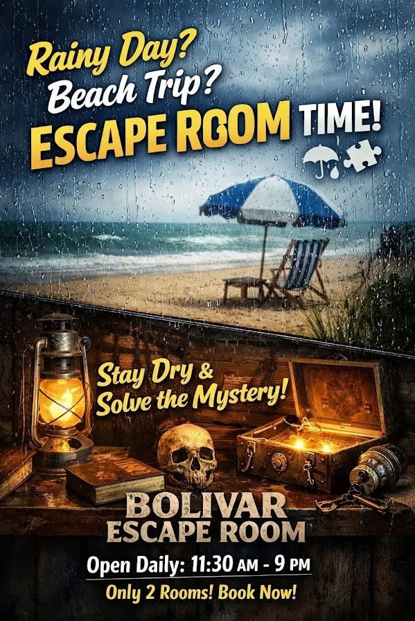 An advertisement for Bolivar Escape Room, with a beach scene showing rain, an umbrella, and a lounge chair. The text promotes escaping when it's rainy or a beach trip, encouraging to stay dry and solve a mystery. The bottom section has a dark theme with a skull, old books, a lantern, and a treasure chest, indicating the escape room theme. The opening hours are 11:30 AM to 9 PM, with only two rooms available for booking.