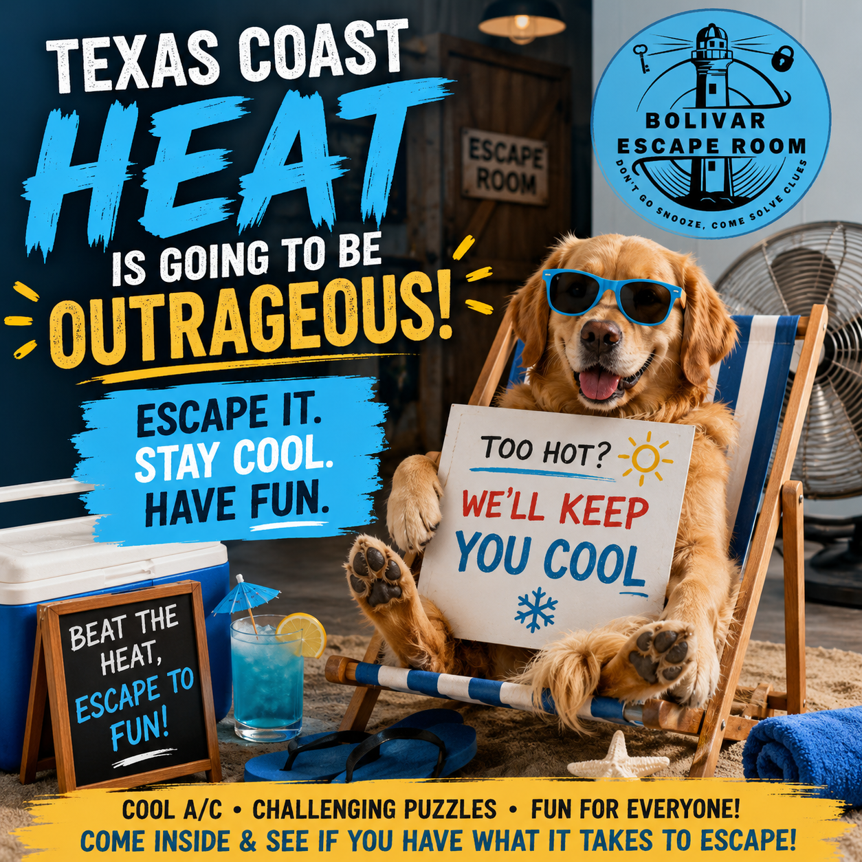 A promotional poster for the Texas Coast Heat Escape Room featuring a happy dog wearing sunglasses, sitting on a lounge chair on a beach. The dog holds a sign that says, "Too Hot? We'll Keep You Cool." The poster includes text about escaping the heat with activities like challenging puzzles and fun, with a slogan encouraging to come inside and see if you can escape.