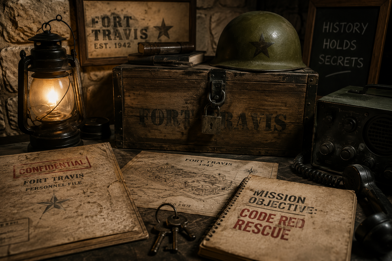 Vintage military desk setup with a lantern, a wooden box labeled "Fort Travis" with a padlock, a green military helmet, maps, a spiral notebook titled "Mission Objective: Code Red Rescue," a radio, and various military documents and keys.