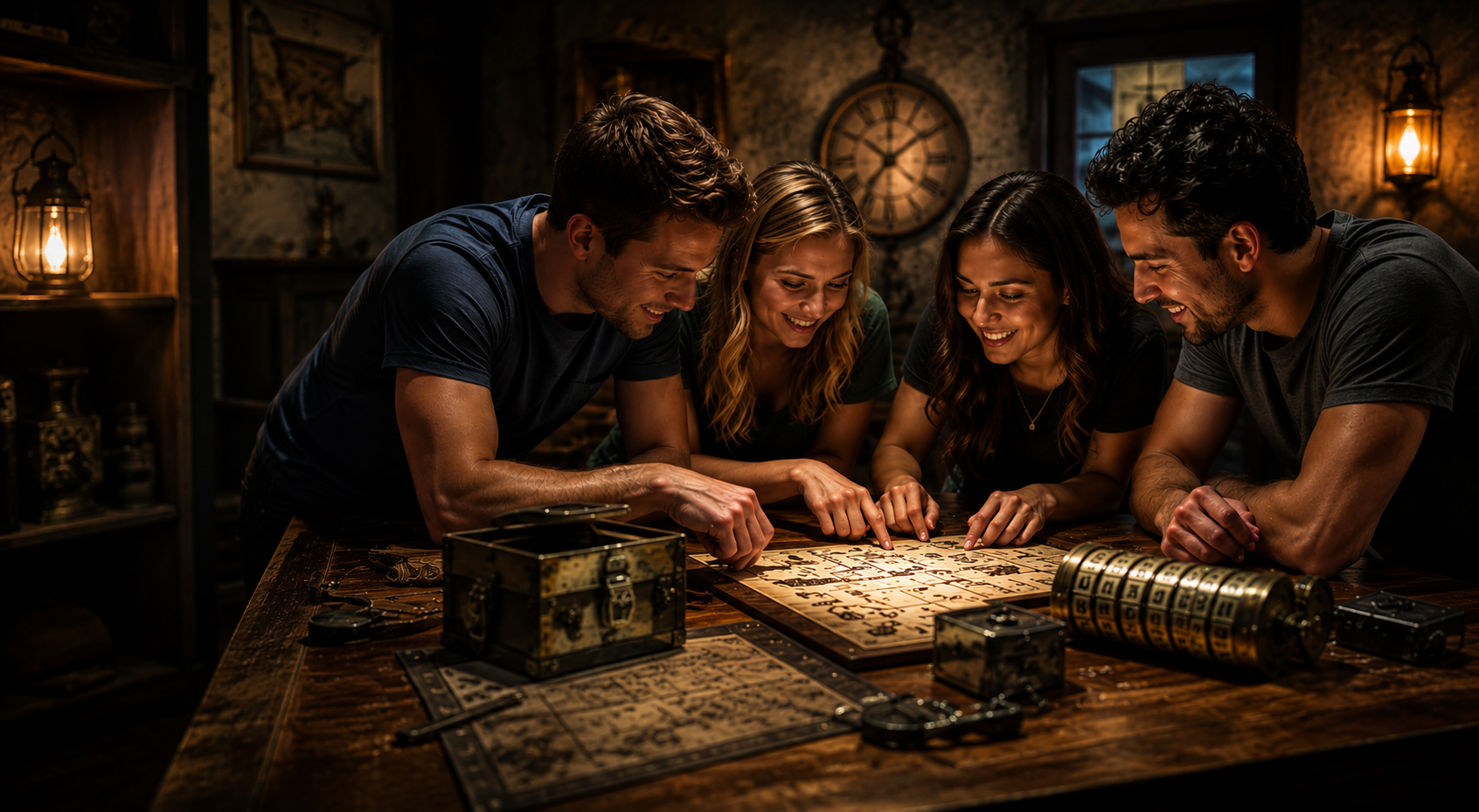 Five friends playing a word search game at a wooden table in a dimly lit room.