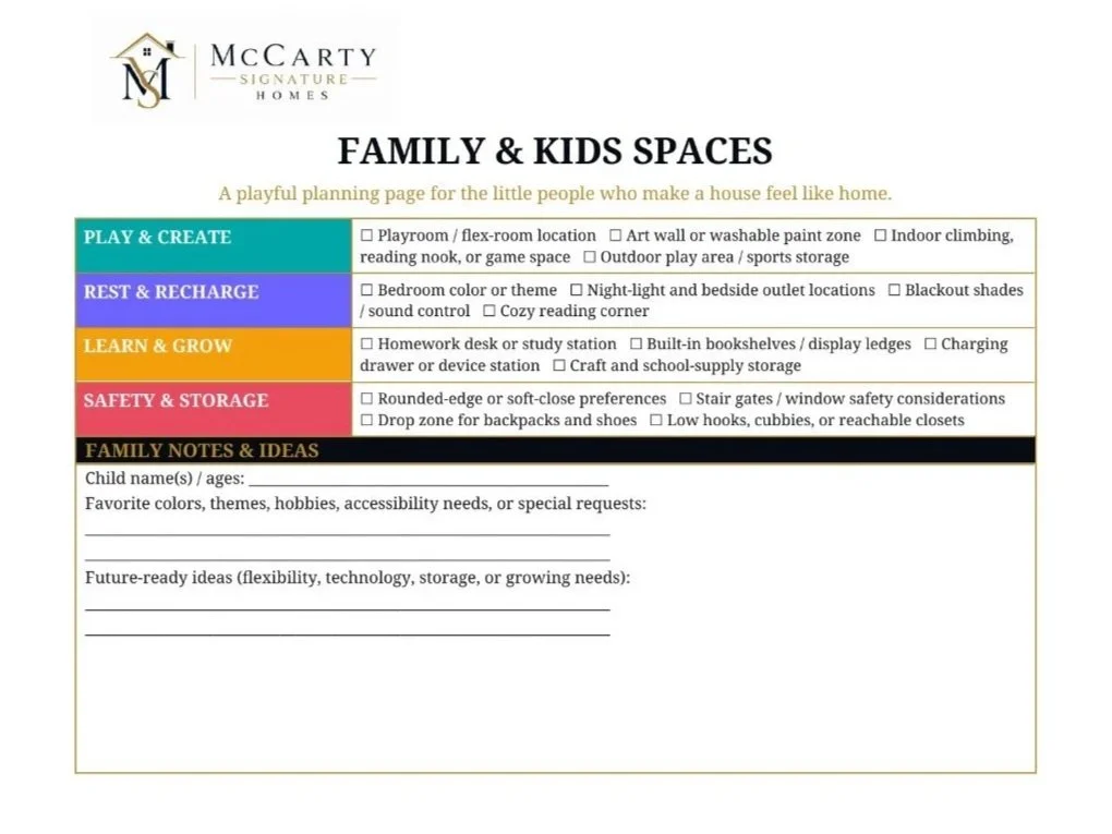 A planning sheet titled 'Family & Kids Spaces' from McCarty Signature Homes. It has color-coded sections for play & create, rest & recharge, learn & grow, safety & storage, and family notes & ideas. Each section contains checkboxes for various home features and open spaces for notes about children and future needs.