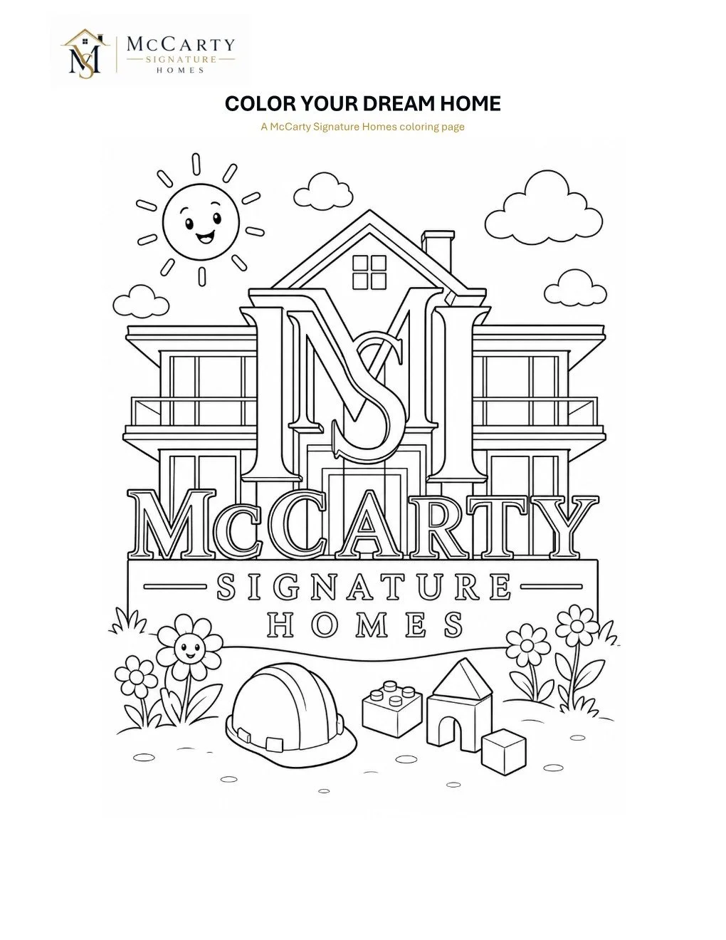McCarty Signature Homes children’s coloring page featuring a house and playful illustrations.