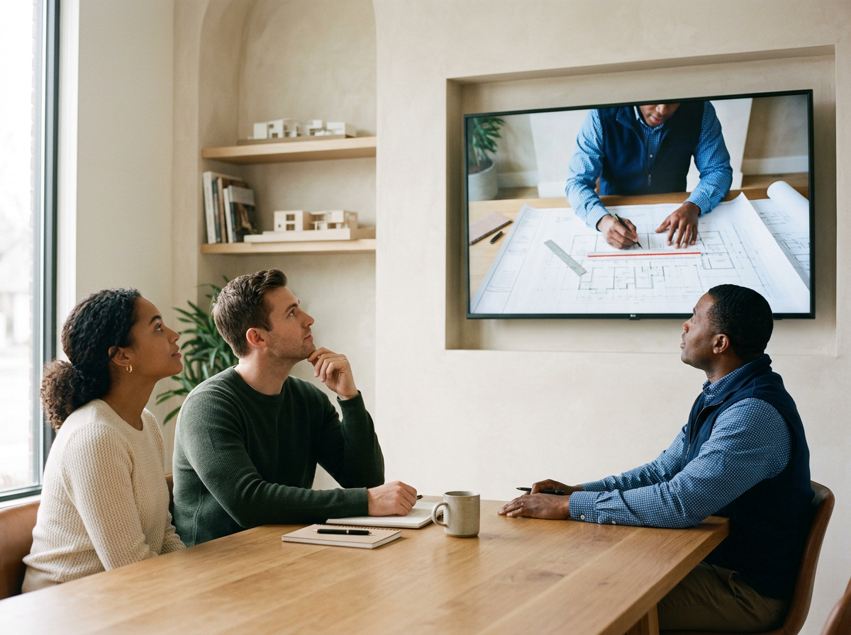 Three people reviewing a presentation on a wall-mounted screen around a conference table.