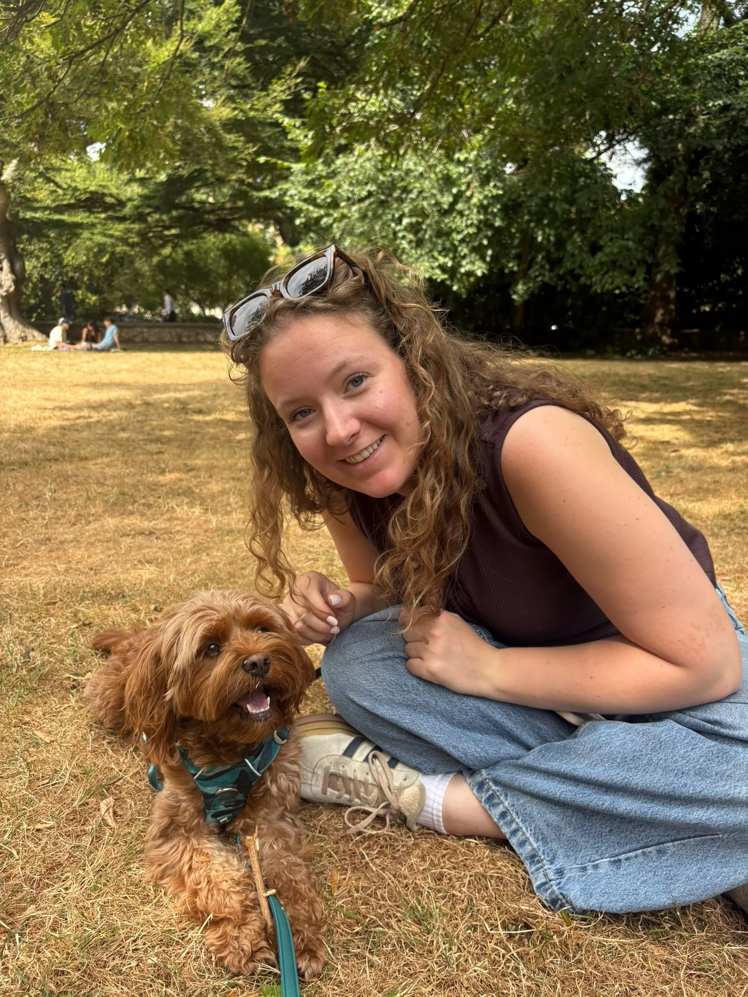 A young woman with curly hair and sunglasses on her head sitting on the grass in a park, smiling with a small brown dog with a green leash, surrounded by green trees and other people in the background.