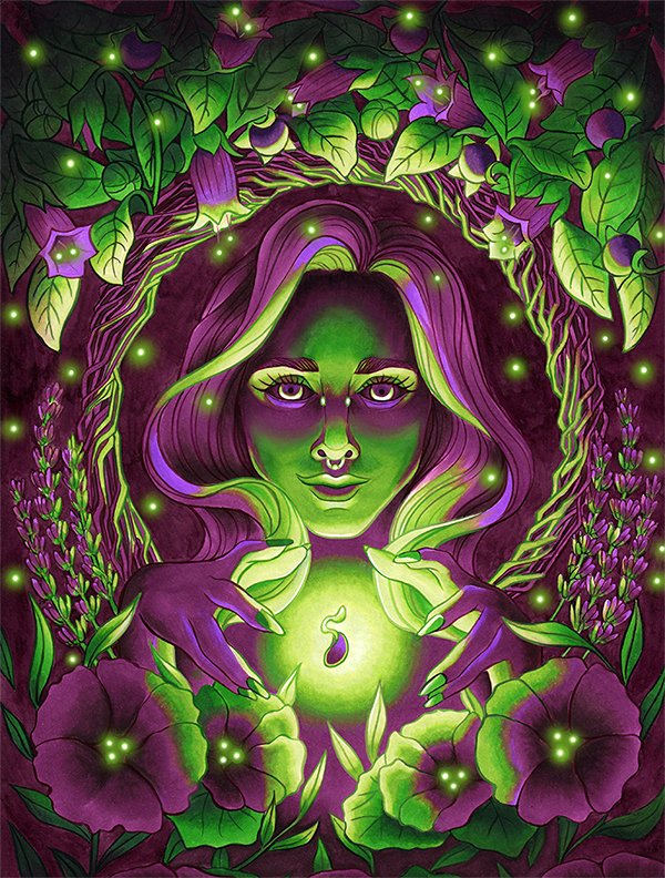 A mystical woman surrounded by glowing plants and flowers with vibrant purple, green, and violet hues, holding a glowing green seed.