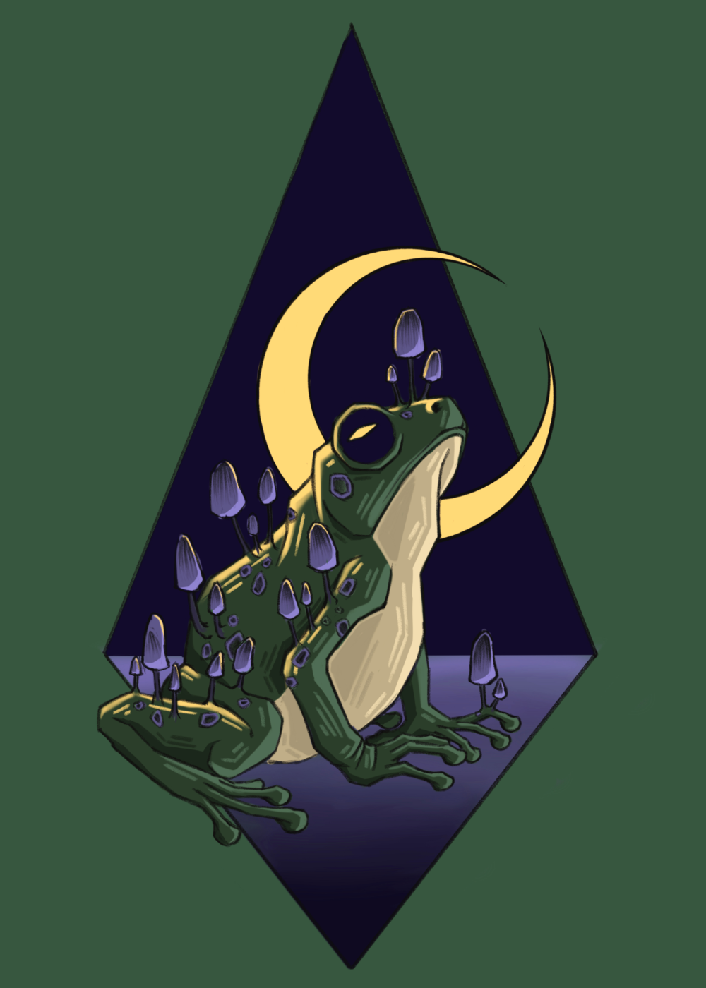 A stylized illustration of a frog with purple mushrooms growing on its back, sitting in front of a dark background with a yellow crescent moon and a yellow crescent shape. The frog's skin is green with purple accents, and it is depicted inside a diamond-shaped frame with a green background.