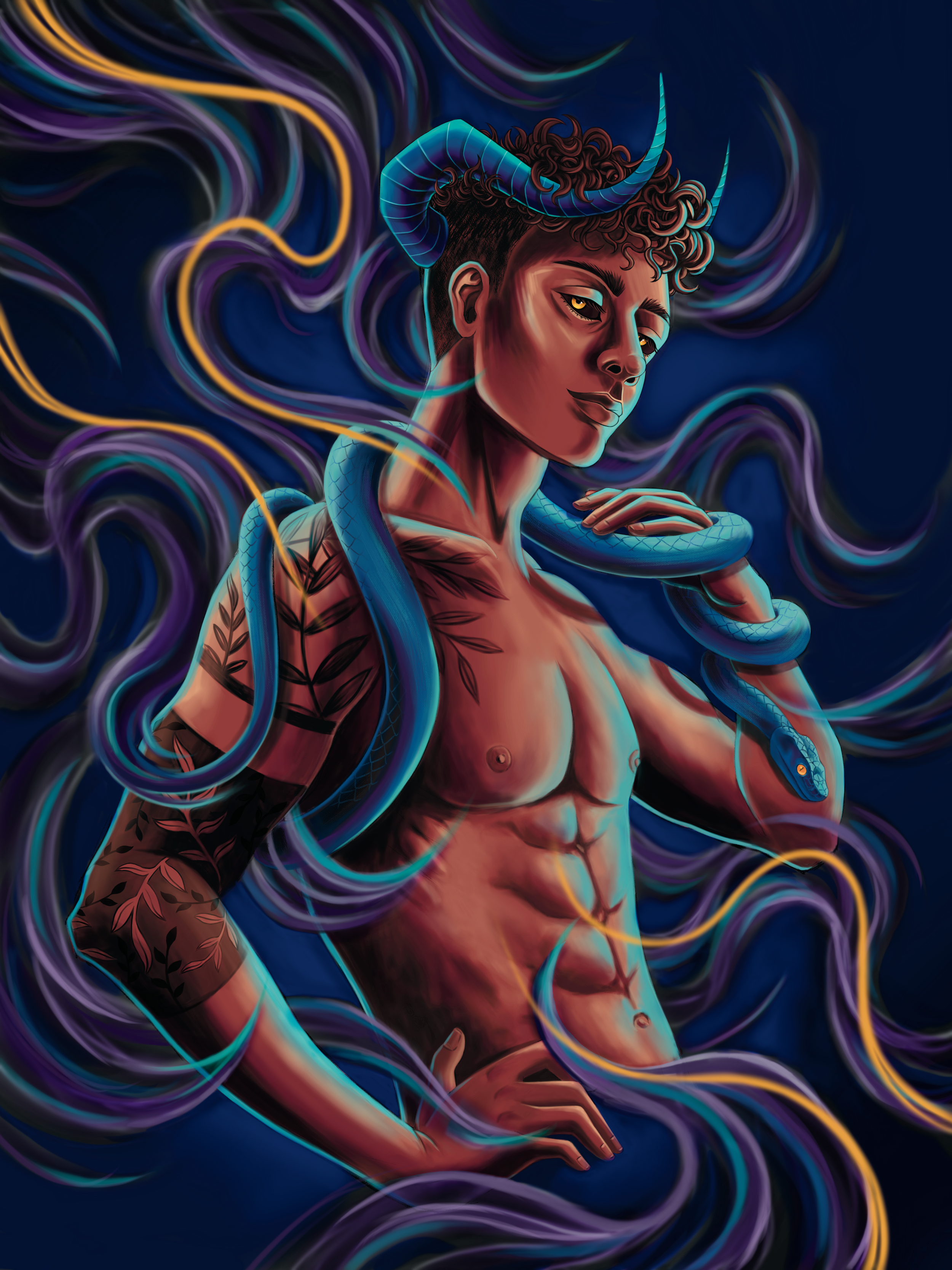 Digital artwork of a shirtless person with curly hair, featuring botanical tattoos on one arm, blue horns on head, and a serpent wrapped around neck, surrounded by colorful swirling lines against a dark background.