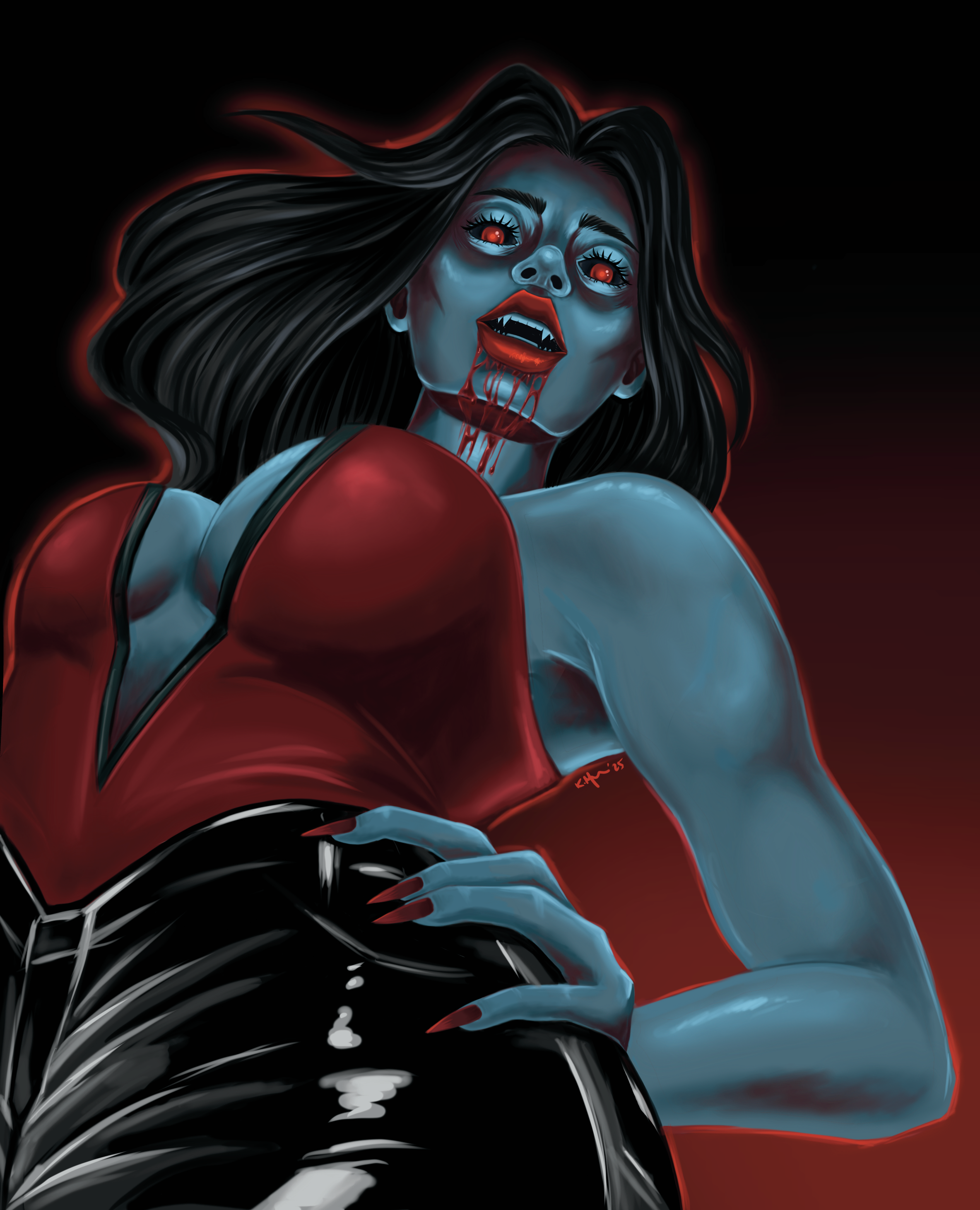Digital illustration of a female vampire with blood dripping from her mouth, long black hair, and wearing a red and black outfit, with glowing red eyes and fanged teeth, against a dark background.
