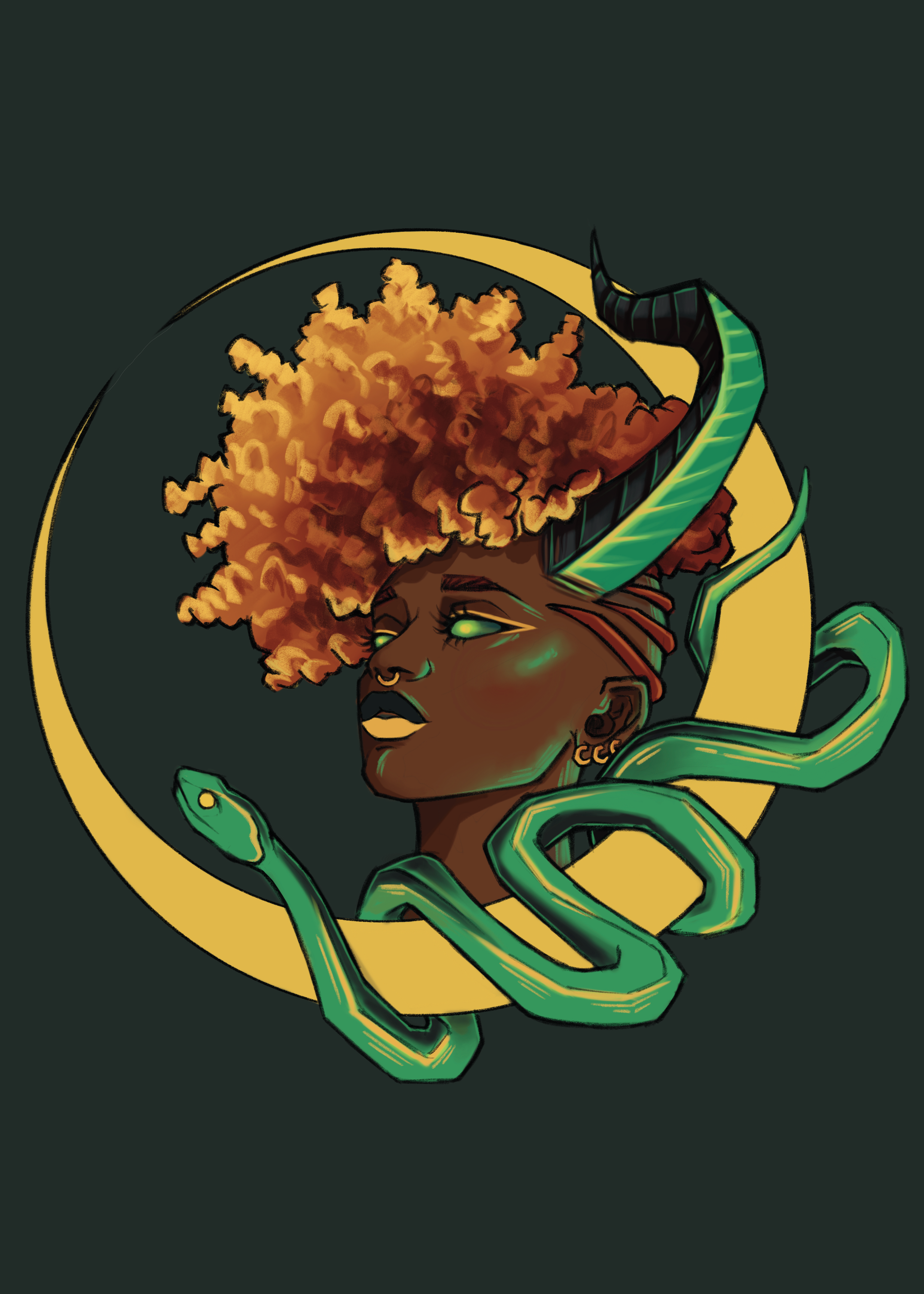 A digital illustration of a woman with dark skin, bright green eyes, and gold hoop earrings, her hair resembling an orange explosion. She has green serpent-like snakes wrapped around her and features black horns with glowing green accents.