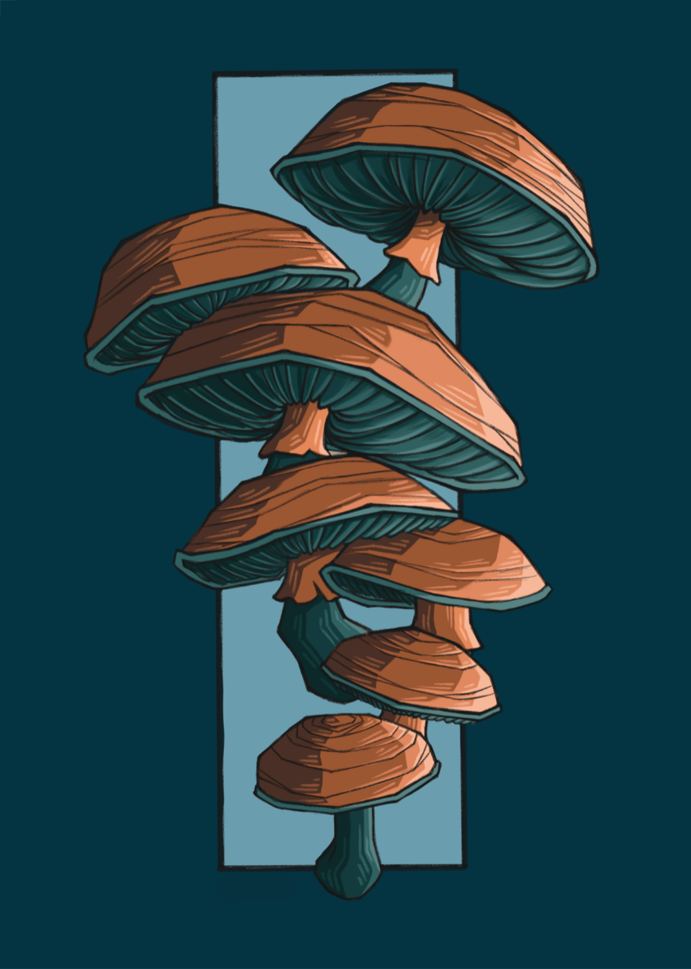 Digital illustration of a cluster of orange mushrooms with dark teal stems, set against a dark blue background with a light blue rectangle behind them.