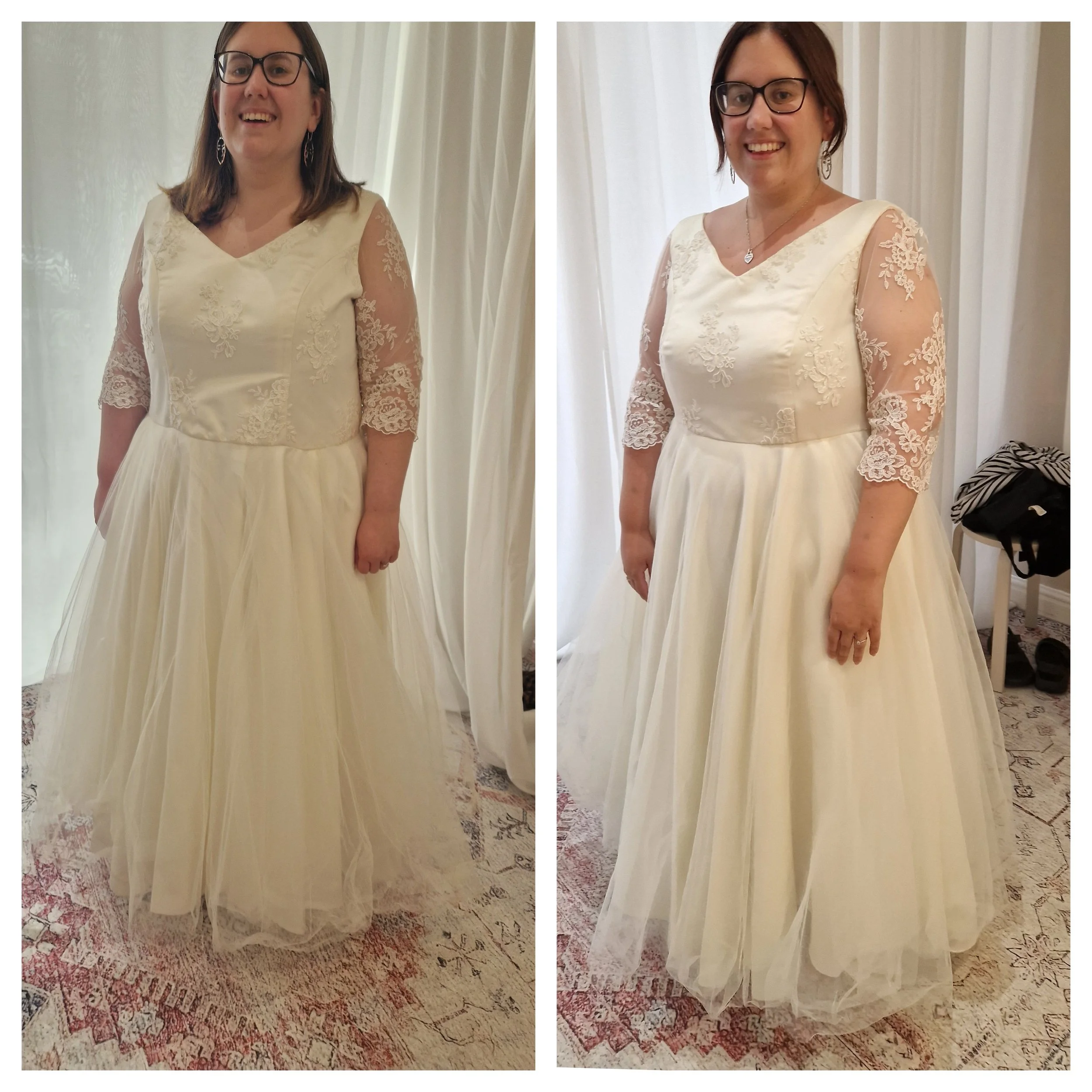 Side-by-side photos of a woman in a white dress with lace sleeves, smiling, wearing glasses, standing in front of white curtains. The floor shows a patterned rug.
