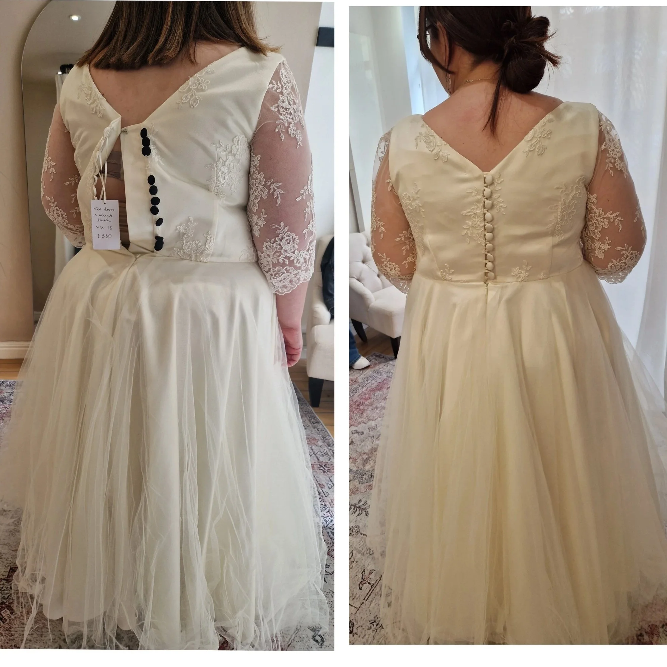A woman trying on a white wedding dress with lace sleeves and button details on the back, shown from behind in a fitting room.