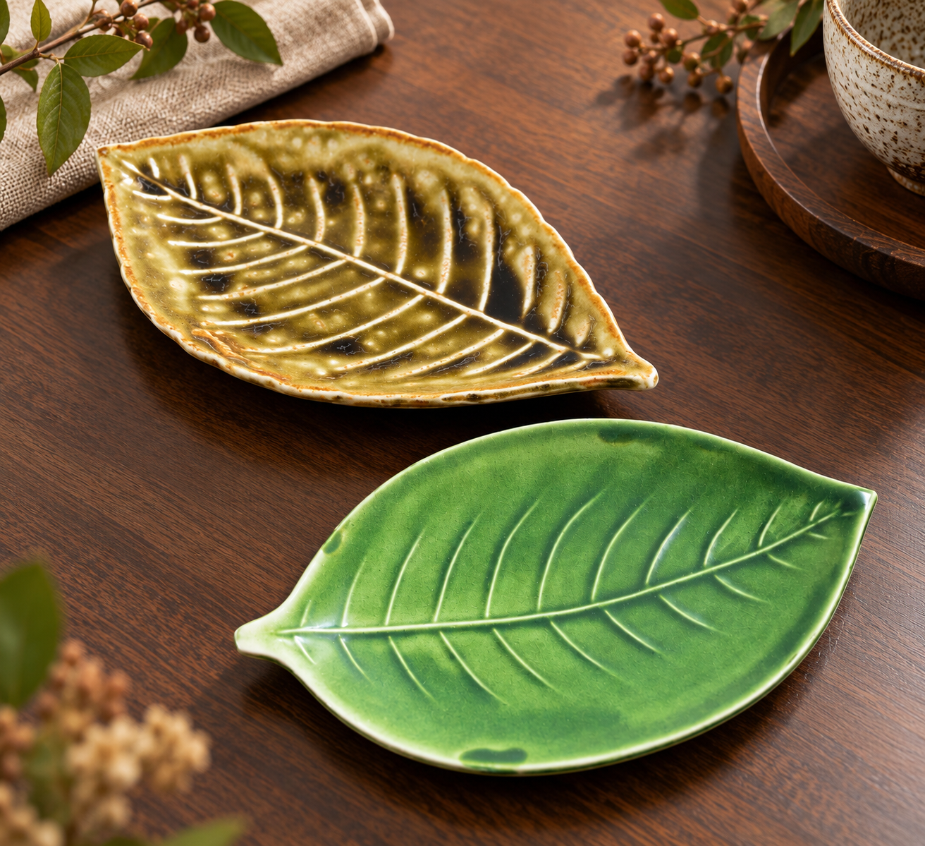 Leaf-Shaped Ceramic Plates — Set of Two