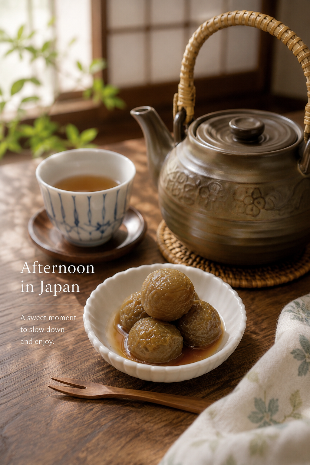 Japanese tea served with a teapot, teacup, pickled plums, and a wooden fork on a small wooden tray.