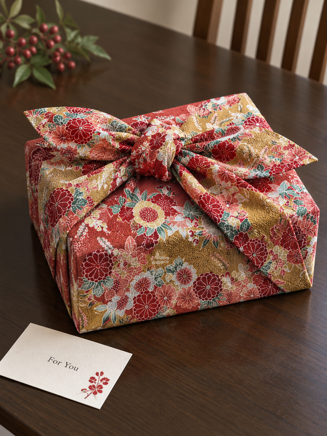 Japanese Floral Furoshiki — Red & Mustard