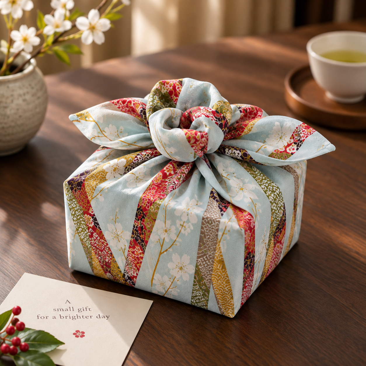 Japanese Floral Furoshiki — Pale Blue
