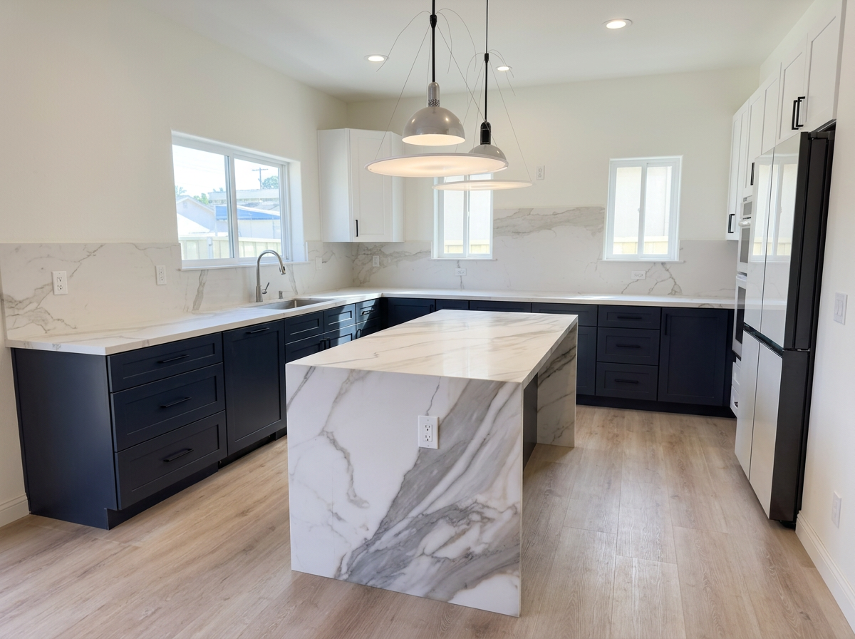 Modern kitchen with white marble countertops, navy blue lower cabinets, white upper cabinets, and light wooden flooring; three pendant lights hanging above a marble island; two windows providing natural light.