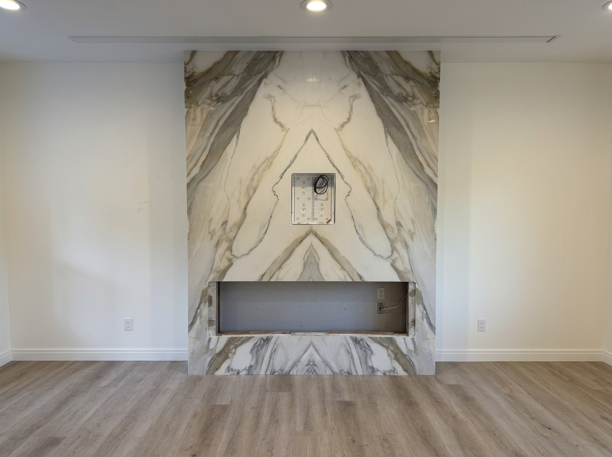 Empty living room with a marble feature wall and built-in fireplace area, with a hose reel on the wall and electrical outlets near the floor.
