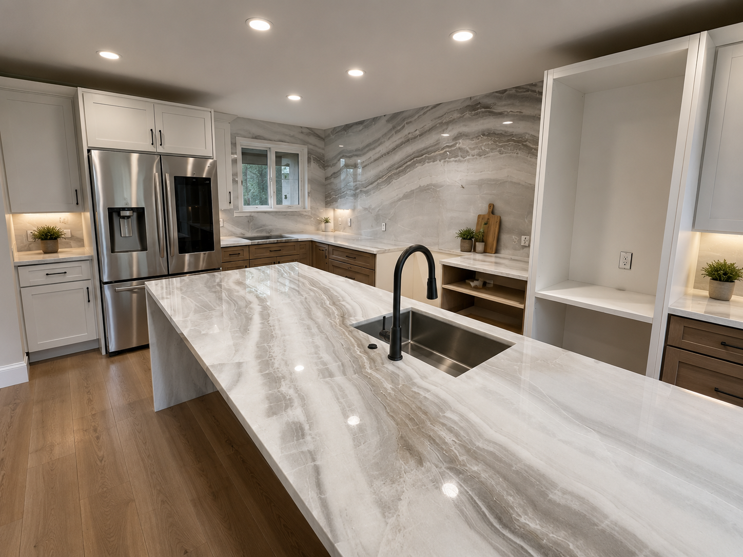 Modern kitchen with marble countertops, stainless steel refrigerator, white and wood cabinets, black faucet, and small potted plants.