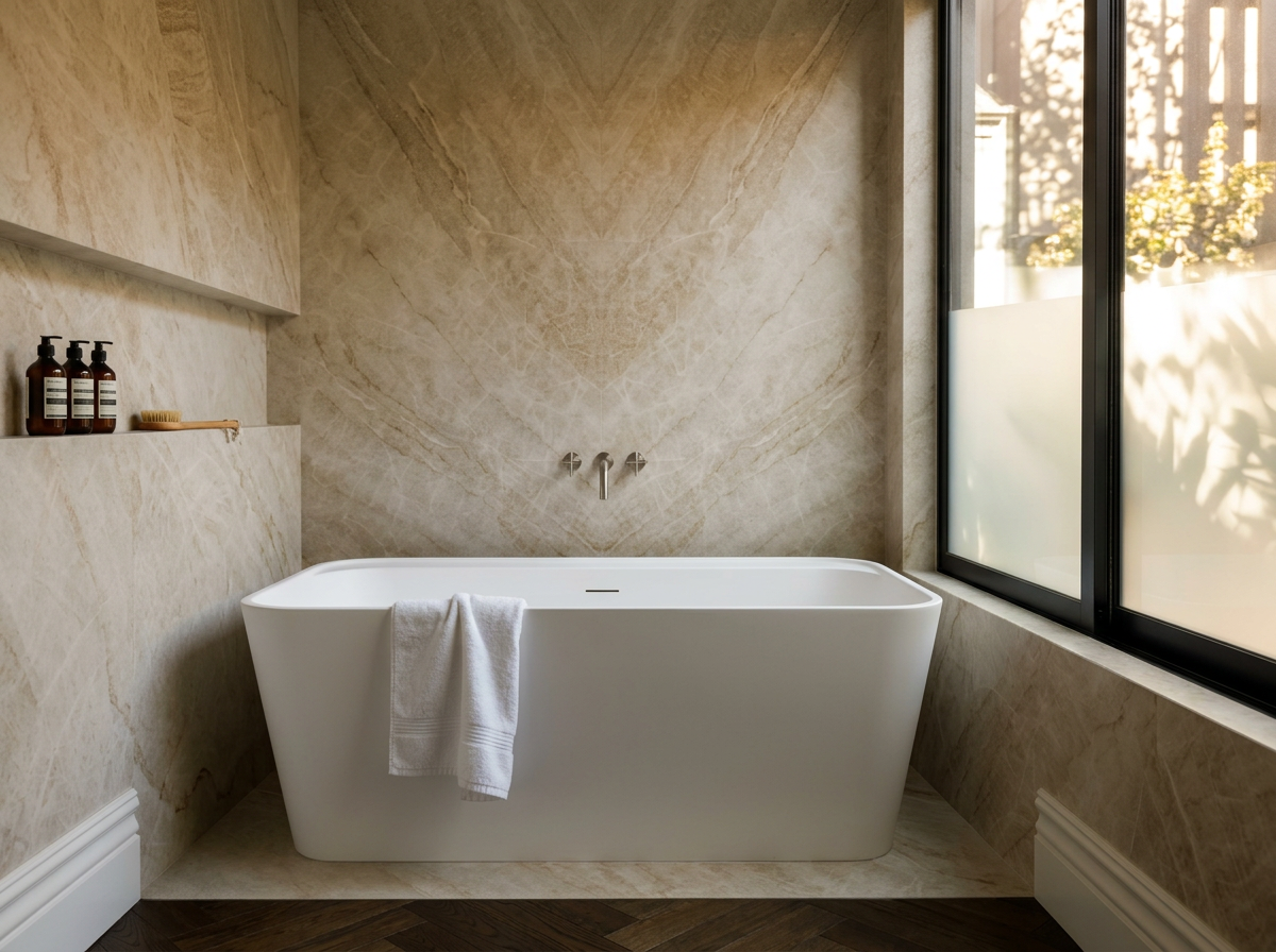 Modern bathroom with a white freestanding bathtub near a large window with frosted glass, beige marble walls, and a shelf with bottles of soap or shampoo and a brush.