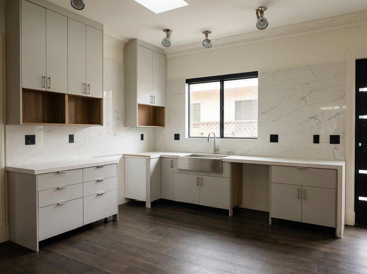 Modern kitchen with white cabinets, marble backsplash, black fixtures, and wood accents, featuring a large window above the sink, wood flooring, and track lighting on the ceiling.