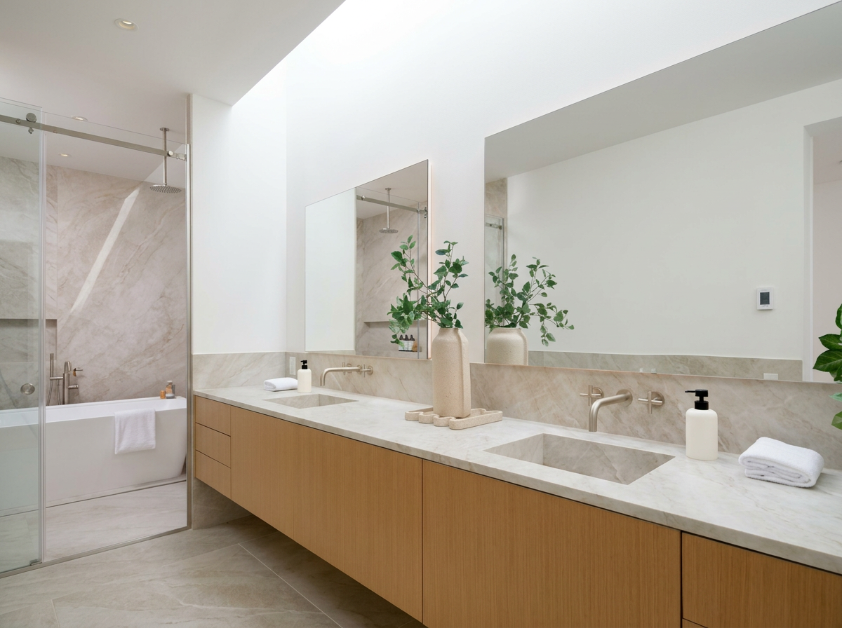 Modern bathroom with double sink vanity, large mirror, green plants, and a glass-enclosed shower and bathtub.