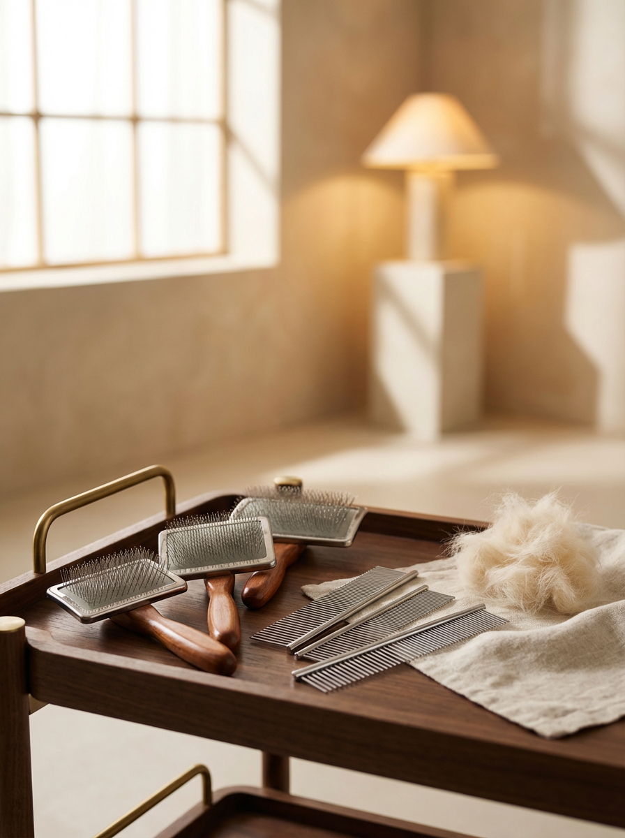 Set of hairbrushes, combs, and hairbrush stuffing on a wooden table in a softly lit room with a lamp and window.