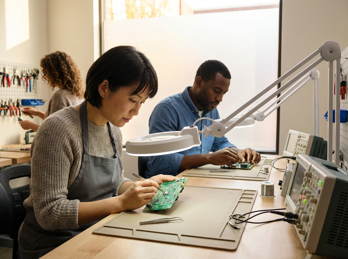 Three people working on circuit boards at a well-lit electronics workshop, with tools, soldering equipment, and a tool wall in the background.
