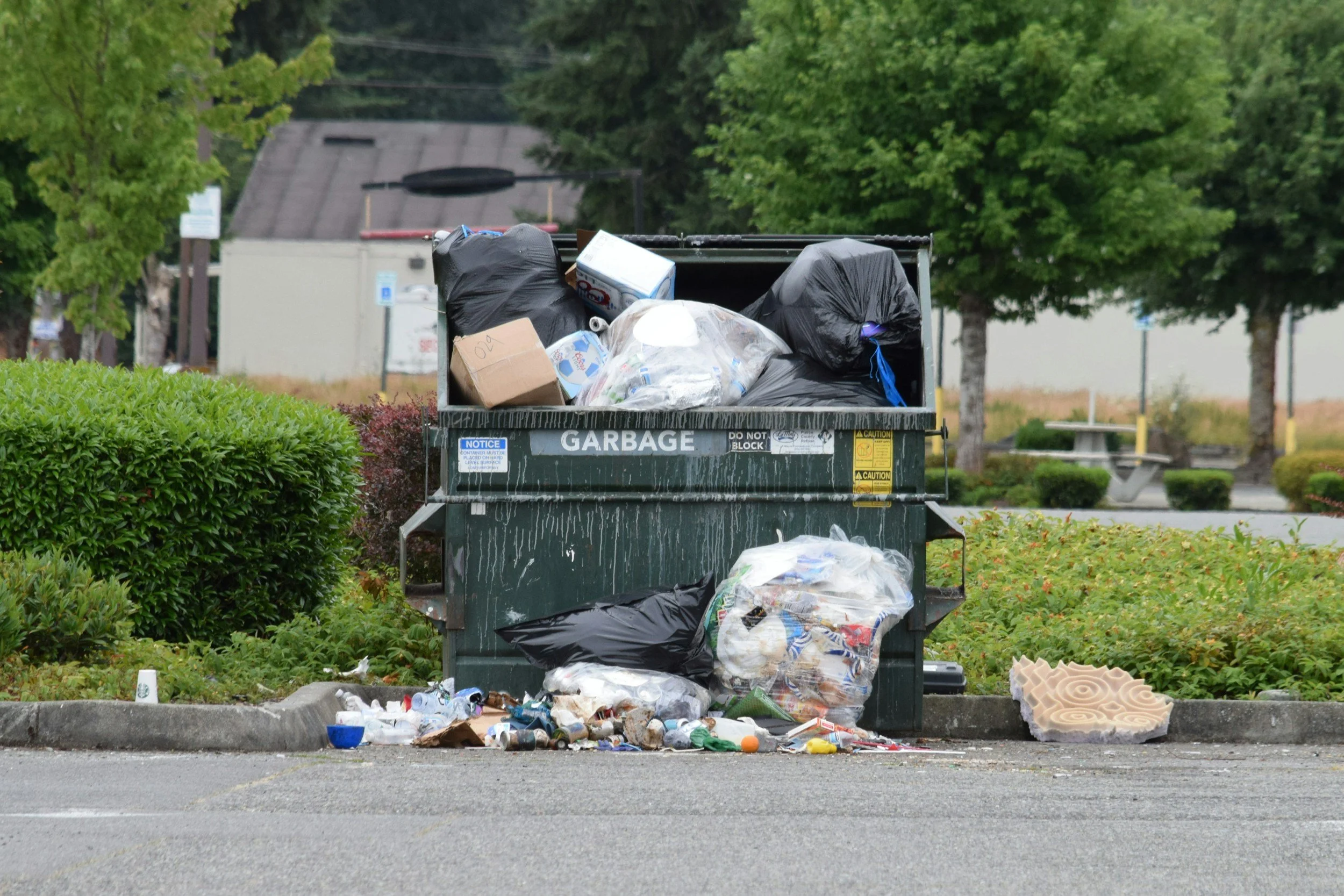 An overflowing garbage dumpster with trash spilling onto the ground in a parking lot, surrounded by green trees and bushes.