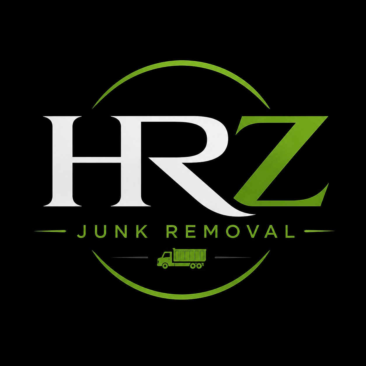 Logo for HRZ Junk Removal with a black background, white and green text, and a small green truck icon.