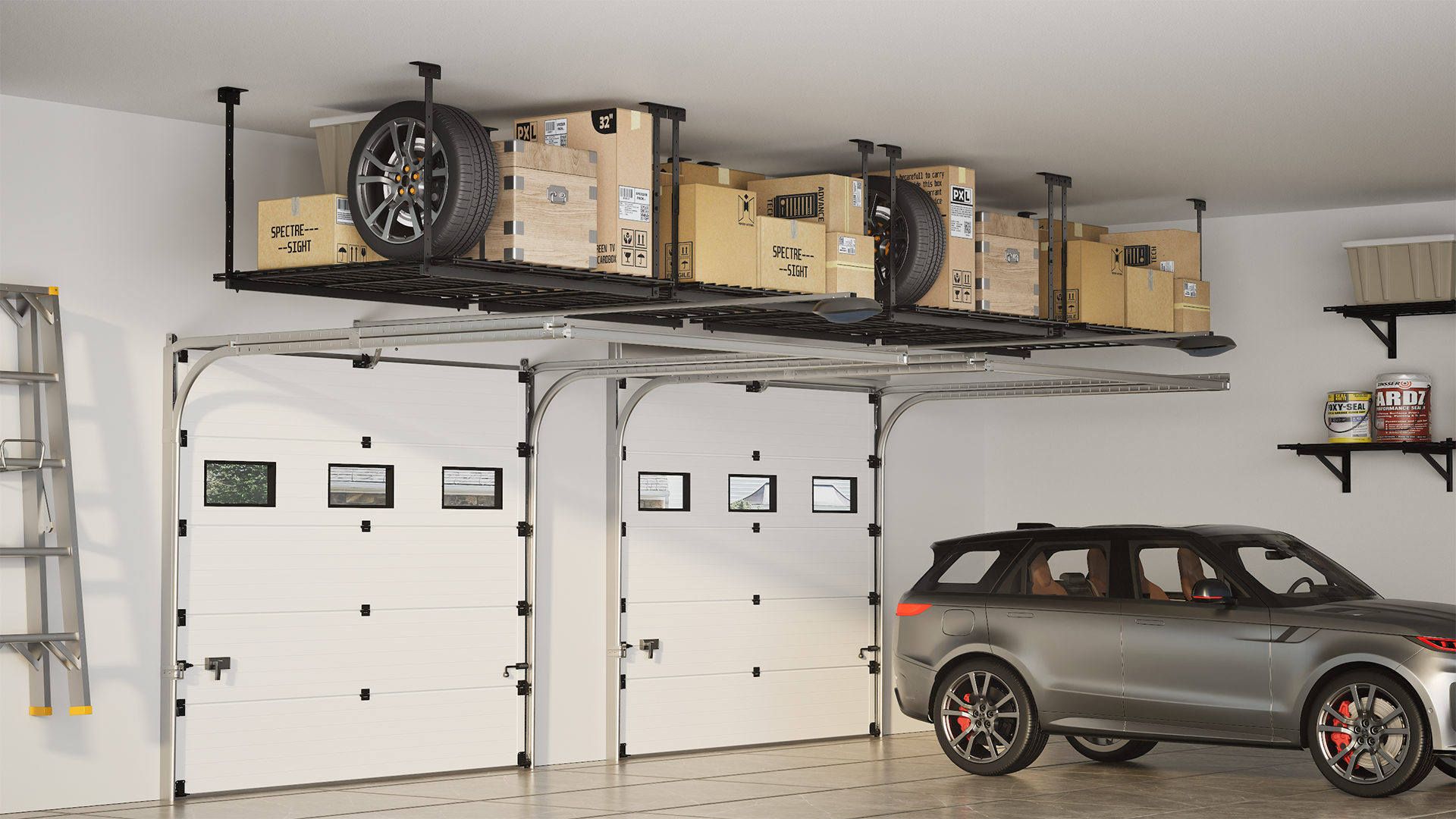 A garage with a car parked inside, shelves with containers and a ladder, and an overhead storage rack with cardboard boxes and spare tires.