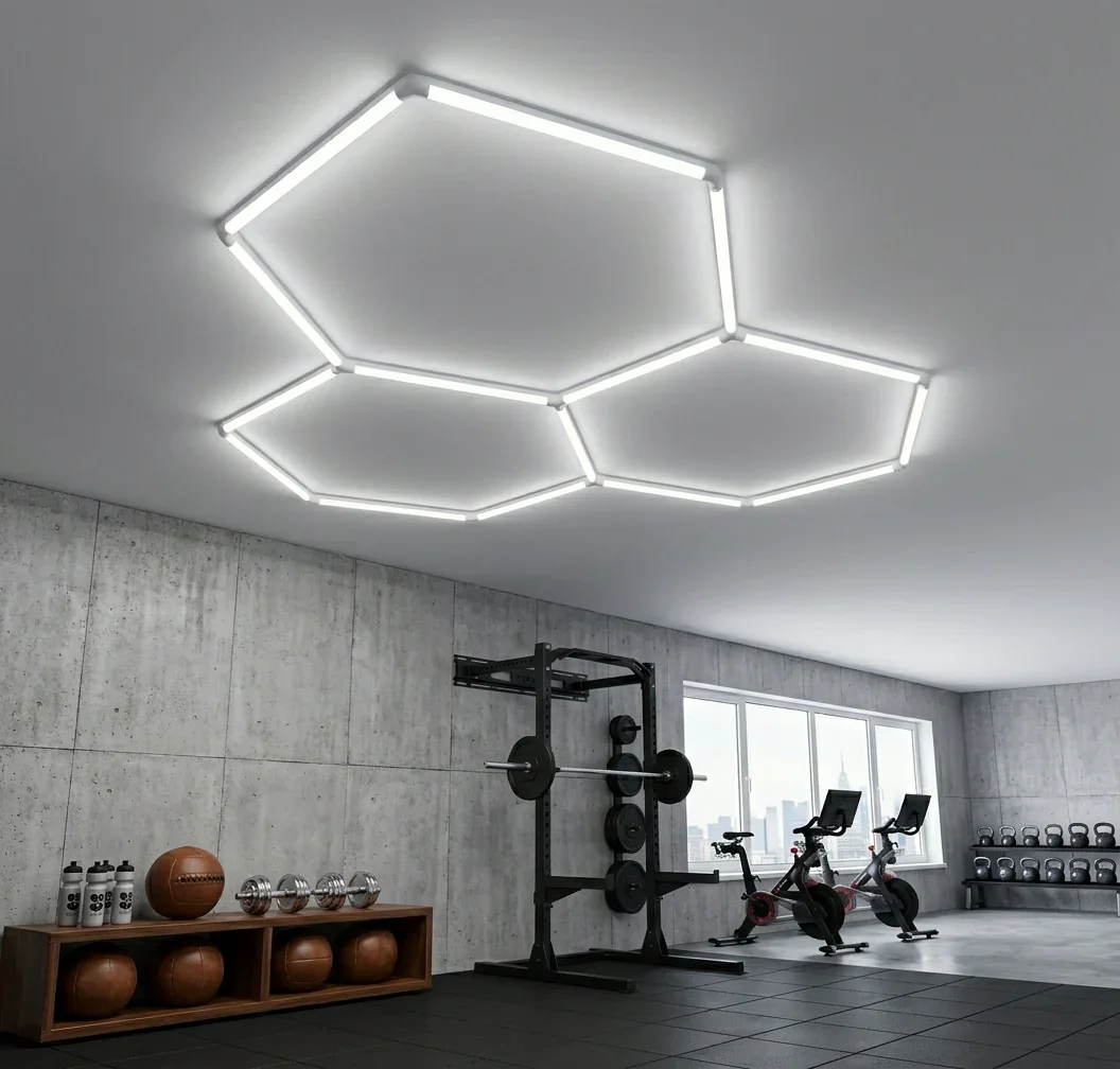Interior of a modern gym with hexagon-shaped LED ceiling lights, kettlebells, dumbbells, water bottles, and exercise bikes