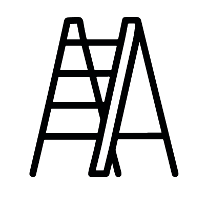 Line drawing of a step ladder with two steps and a safety rail.