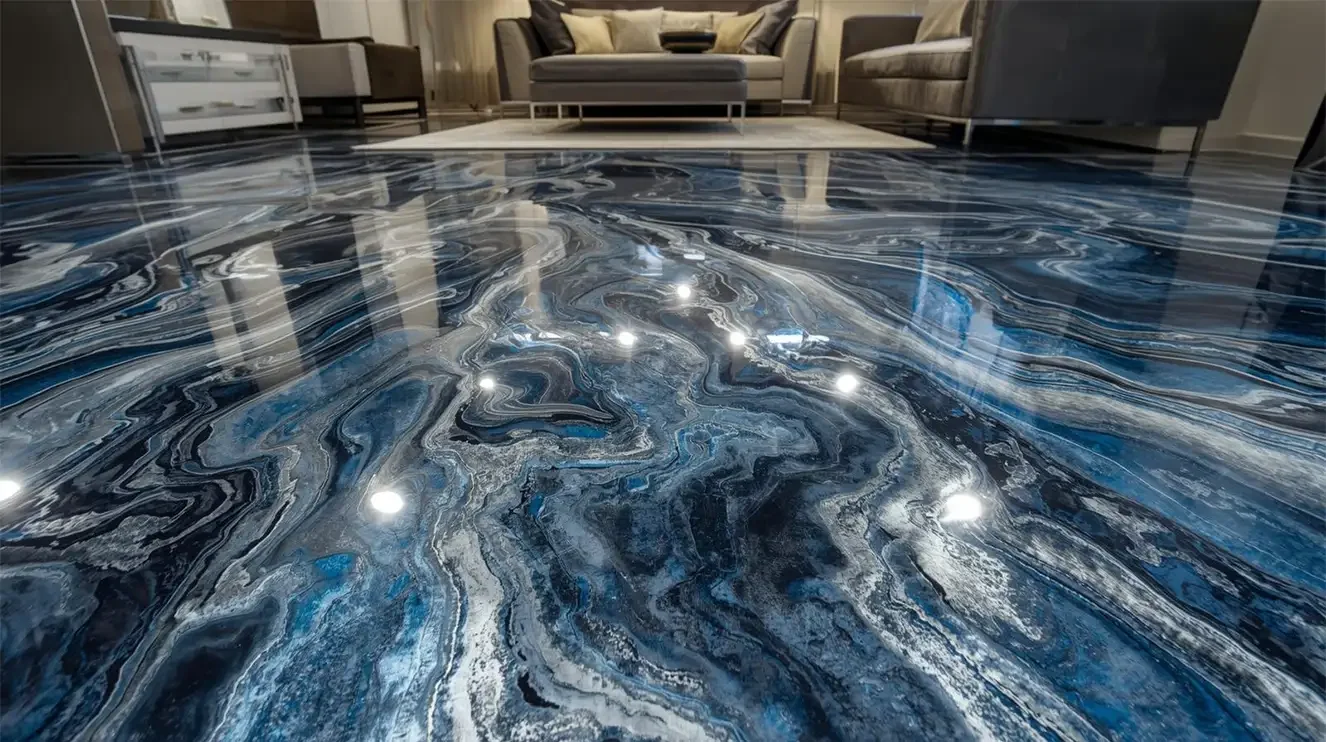 Close-up of polished marble or onyx flooring with blue, black, white, and gray swirling patterns, reflecting ceiling lights in a living room with gray couches and beige cushions.