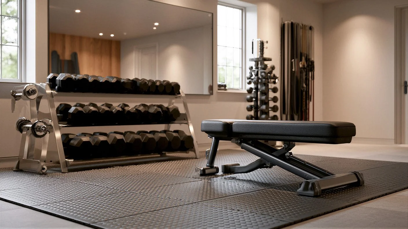 Home gym with a rack of dumbbells, adjustable workout bench, and a large mirror.