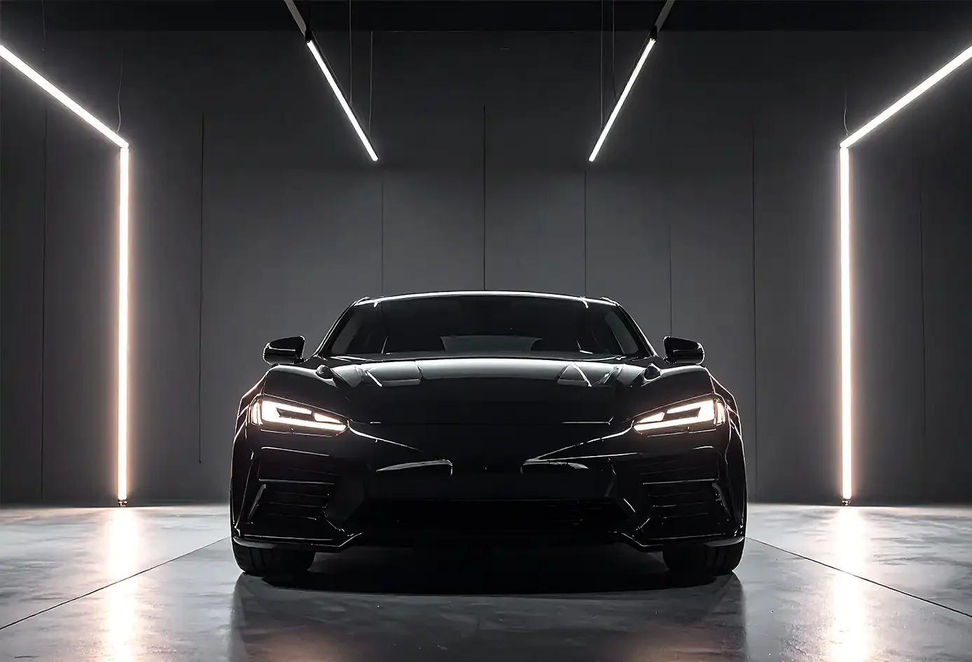 A sleek black sports car in a modern, dark showroom with minimalist lighting.