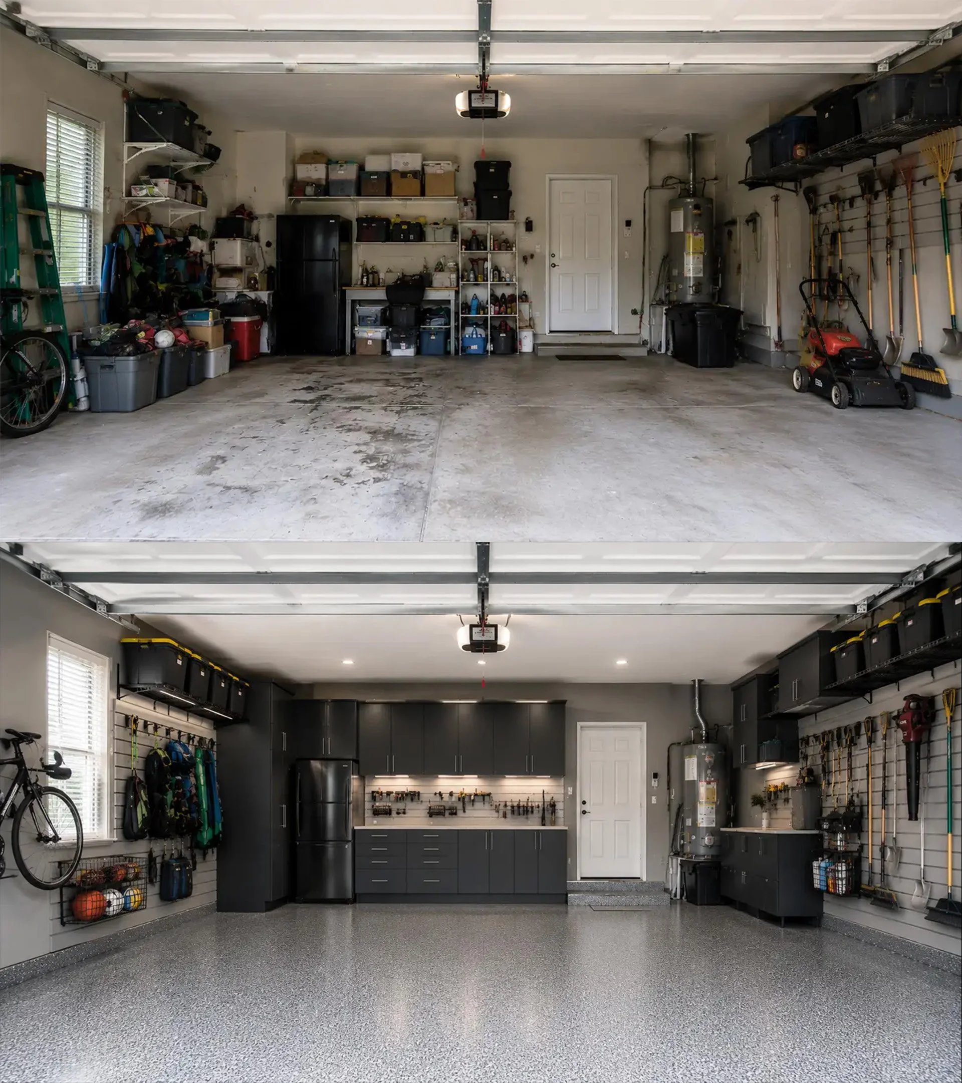 Comparison of a cluttered garage before organizing on top. and an organized garage after organizing on bottom.