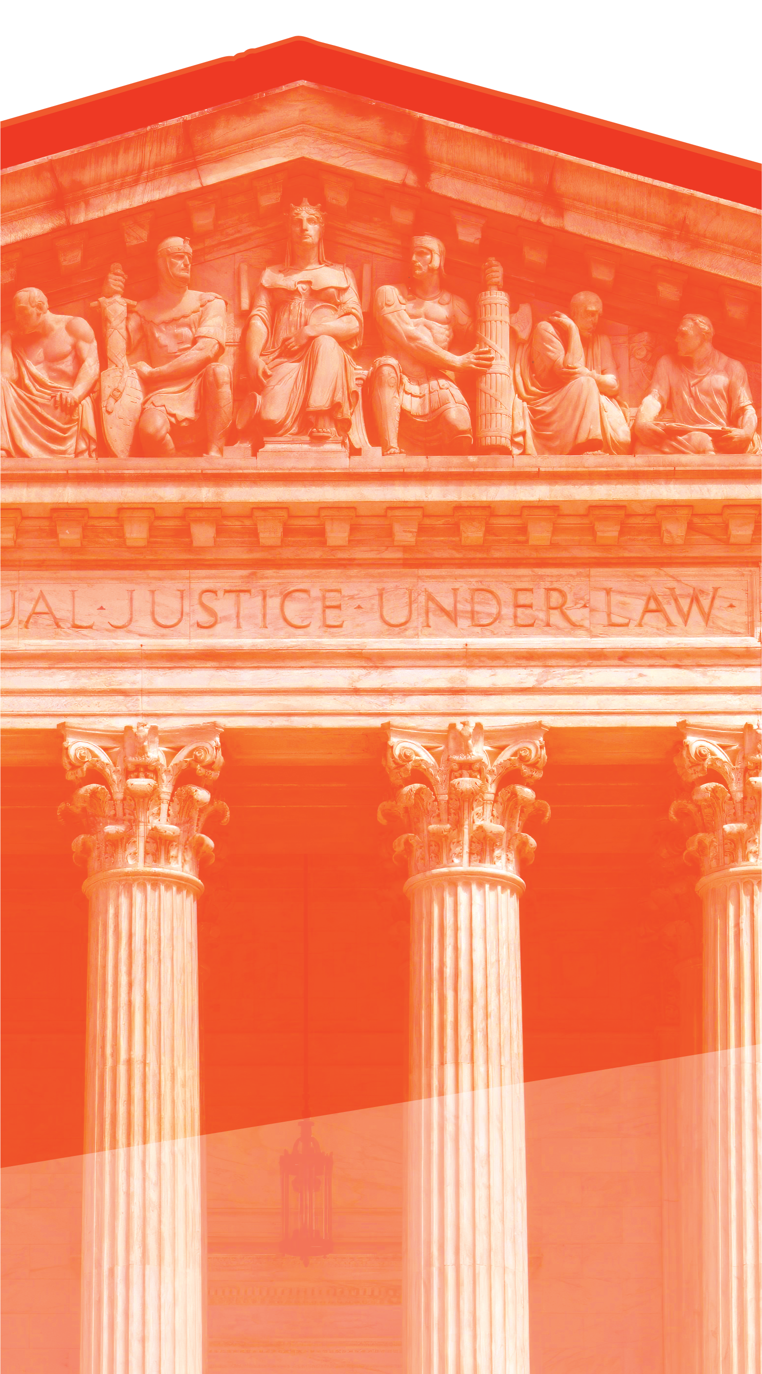 The photograph shows the front of the United States Supreme Court building with its iconic Doric columns and the statue of justice above the entrance. The image is overlaid with an orange color filter.