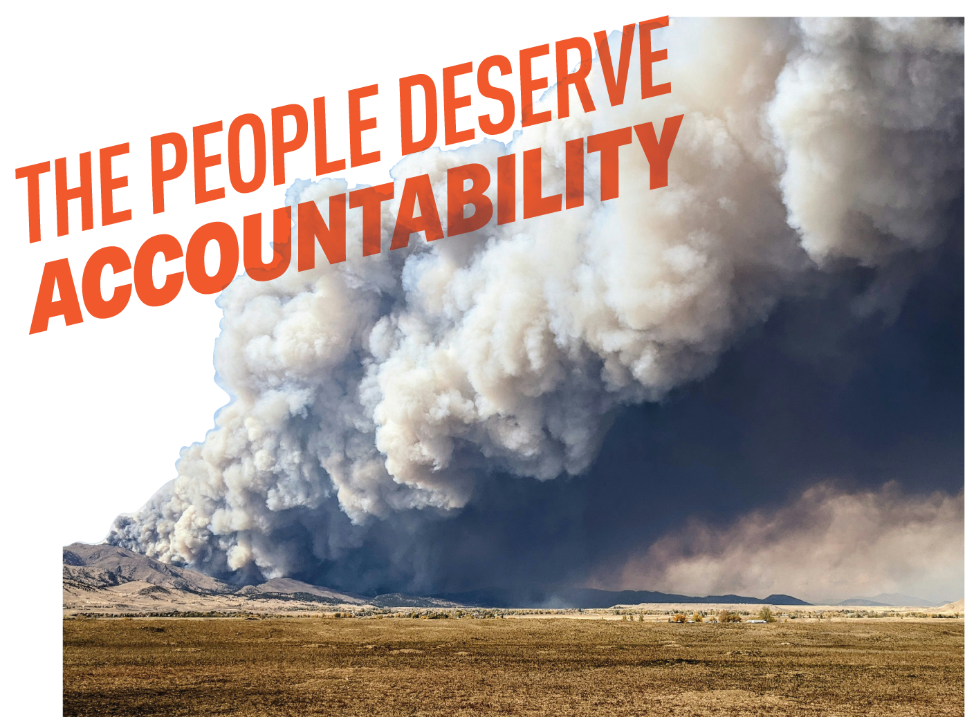 A large cloud of smoke and ash rising from a wildfire in a rural landscape, with the overlaid text 'UNCONTROLLABLE FLAMES AND UNSTABLE WEATHER' in red.
