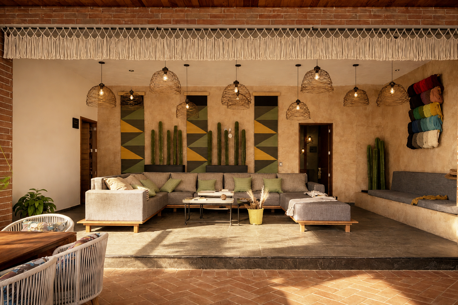 Sala de estar con sillón grande gris, varias almohadas verdes, decoración con cactus en la pared y luces colgantes de mimbre.