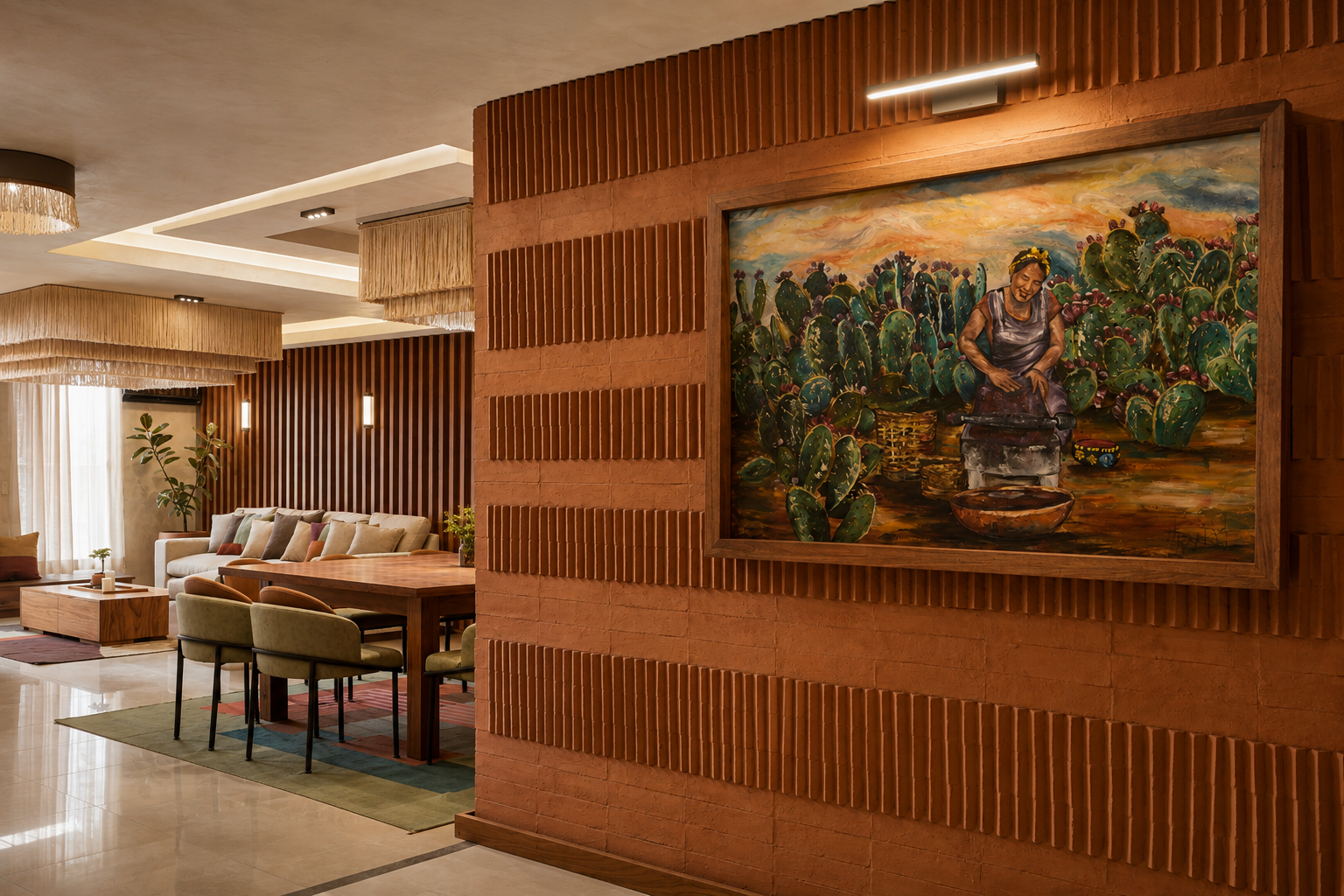 Interior de una sala moderna con paredes de ladrillo, muebles de madera y plantas, decorada con un cuadro colorido de una mujer cultivando cactus.