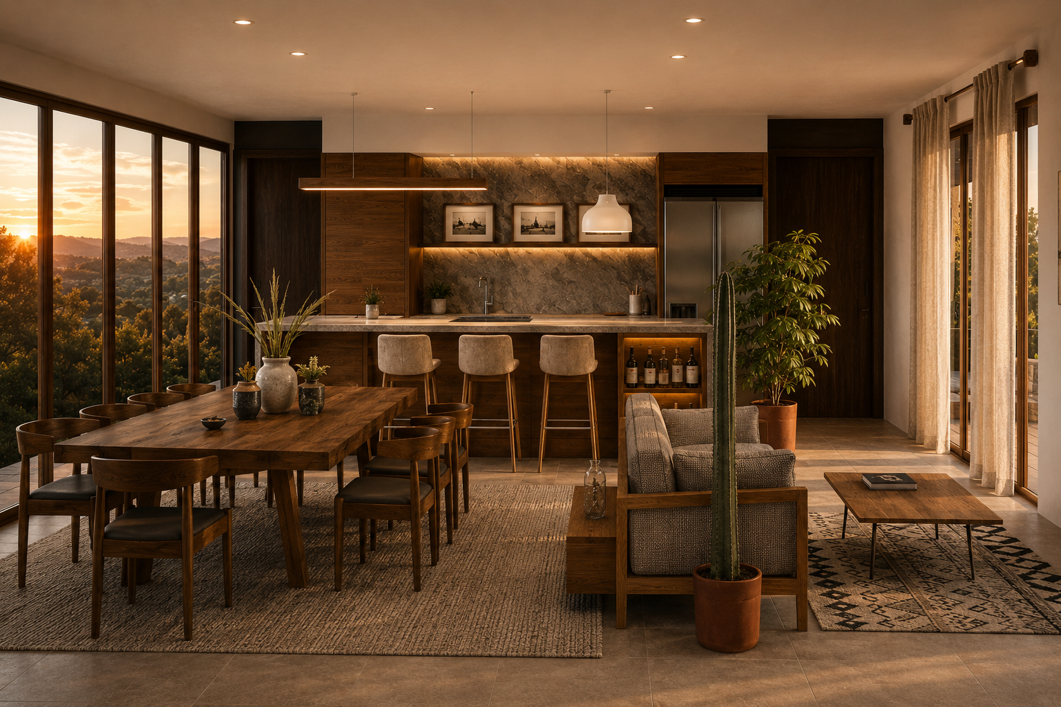 Sala de estar y cocina con vista a un paisaje natural al atardecer, muebles de madera, plantas y decoración moderna.