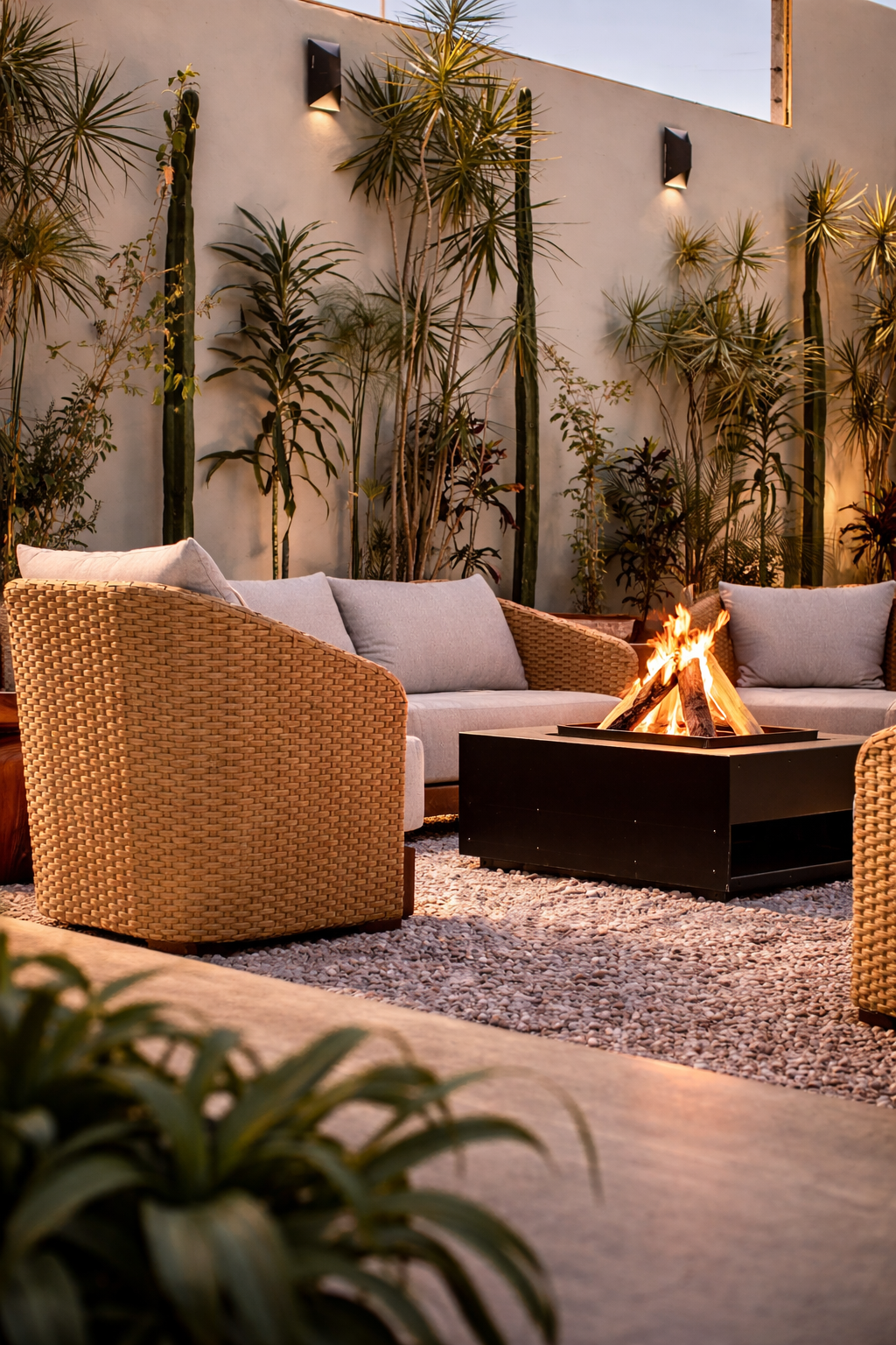 Zona de descanso al aire libre con sillones de mimbre, cojines grises y una chimenea de fuego en medio, rodeada de plantas tropicales y luminarias en la pared, en un ambiente cálido y acogedor.