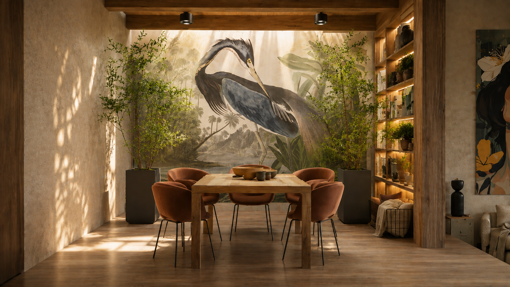 Un comedor con una pared decorada con un mural de un pájaro grande, rodeado de plantas y madera cálida, con una mesa de madera y sillas de terciopelo en tono terracota.