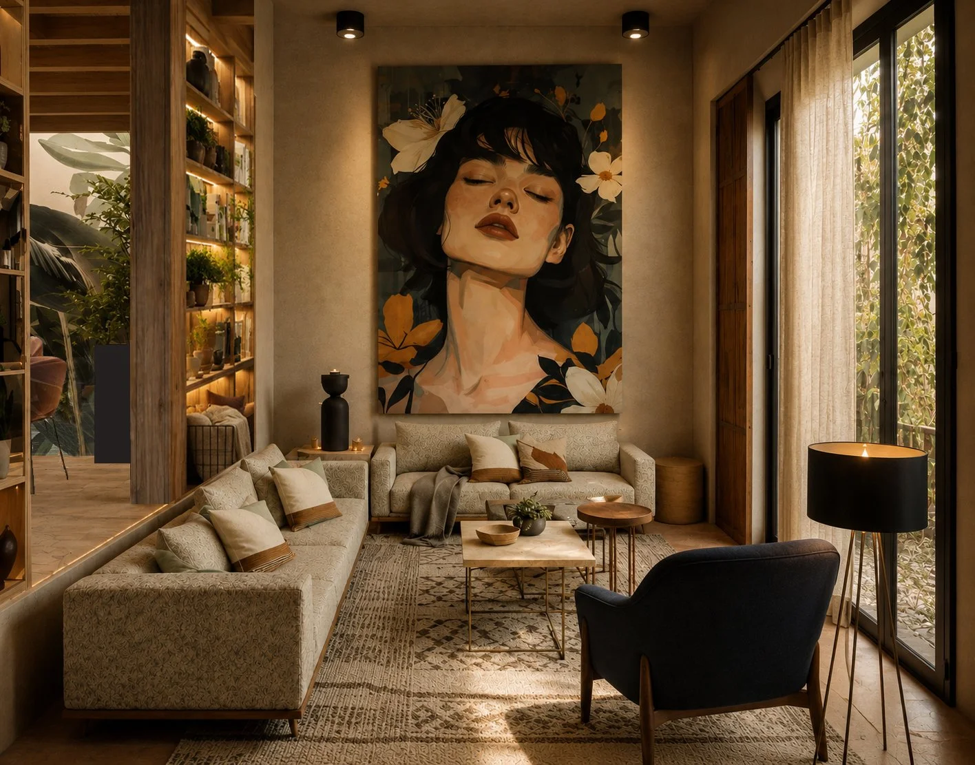 Sala de estar elegante con muebles beige, cojines decorativos, una alfombra, una mesa de centro, lámparas de pie y una gran pintura de una mujer con cabello oscuro y flores en el fondo, en una habitación luminosa con ventanas grandes con cortinas.