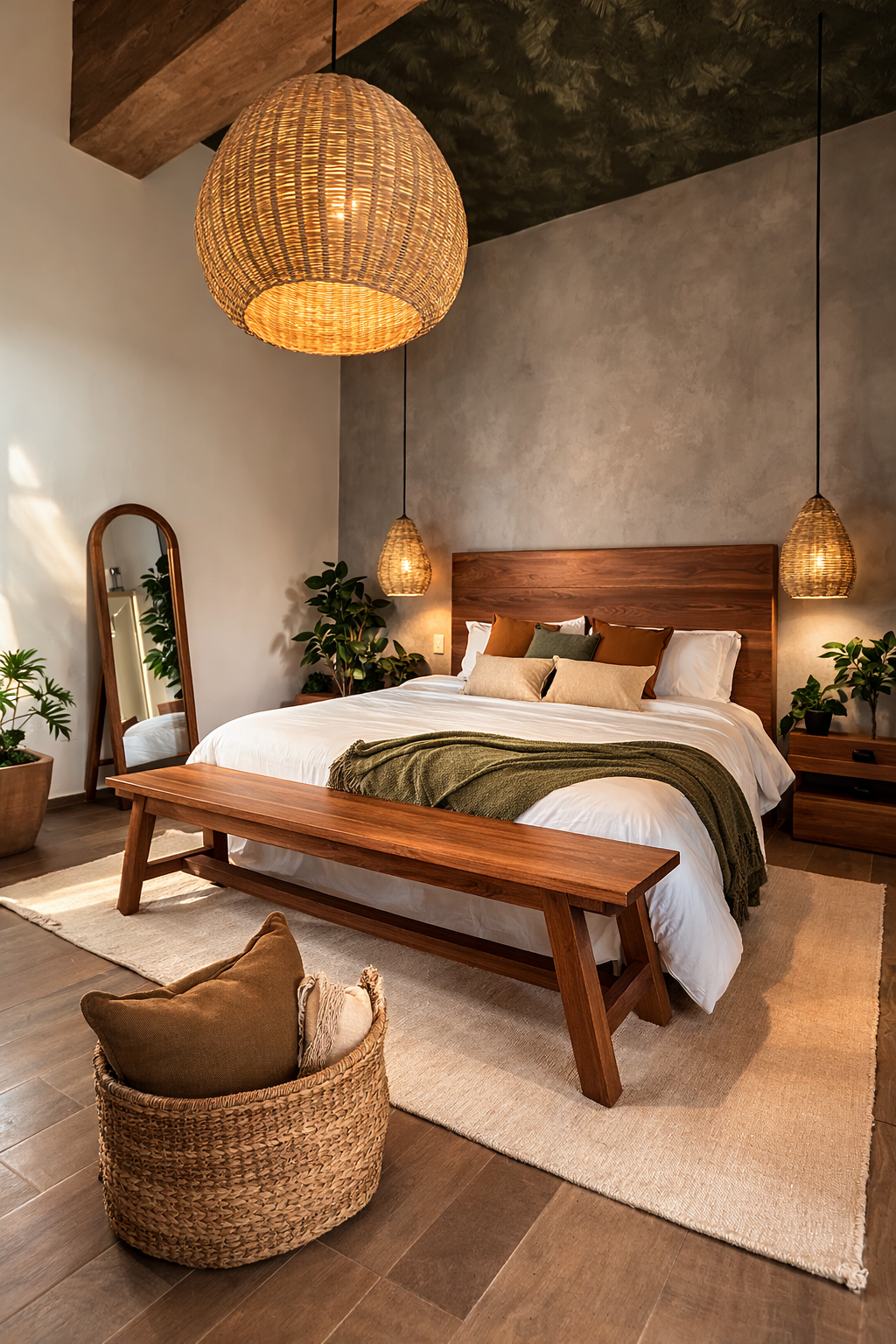 Habitación de hotel con cama grande de madera, decorada con cojines en tonos marrón y beige, iluminación cálida, plantas verdes, espejo de cuerpo completo y lámparas de techo de mimbre.